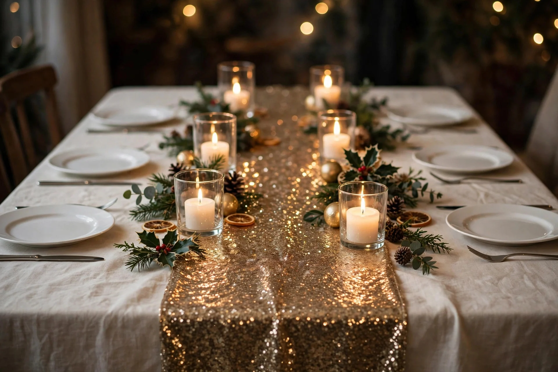 Dining table with a champagne gold sequin table runner catching candlelight, simple place settings