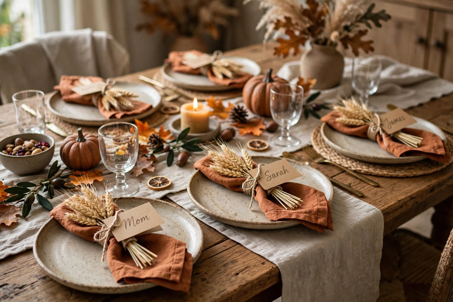 Fall table place settings with small dried wheat bundles holding handwritten kraft paper name cards