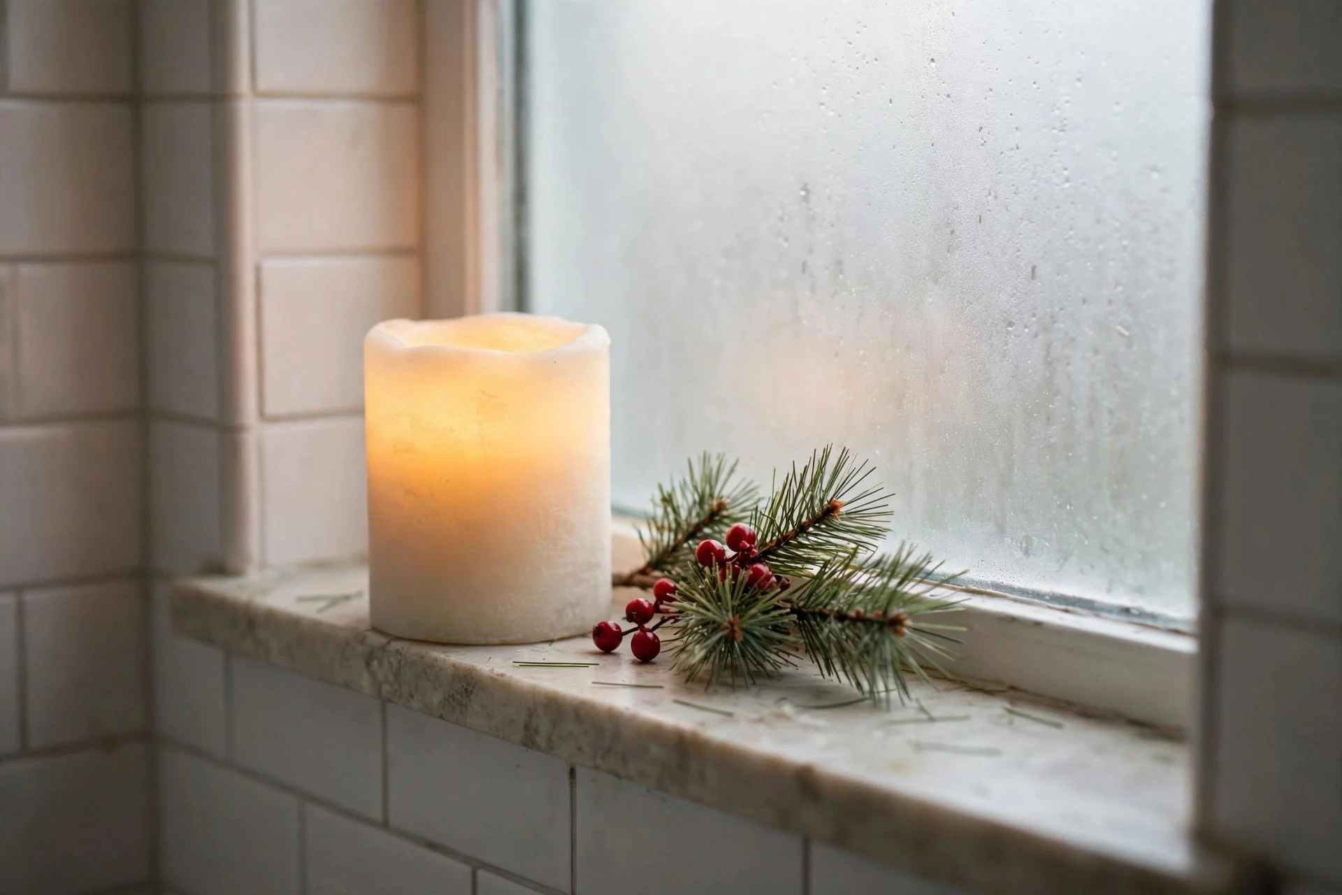 Candle with faux pine garland styled on a bathroom windowsill