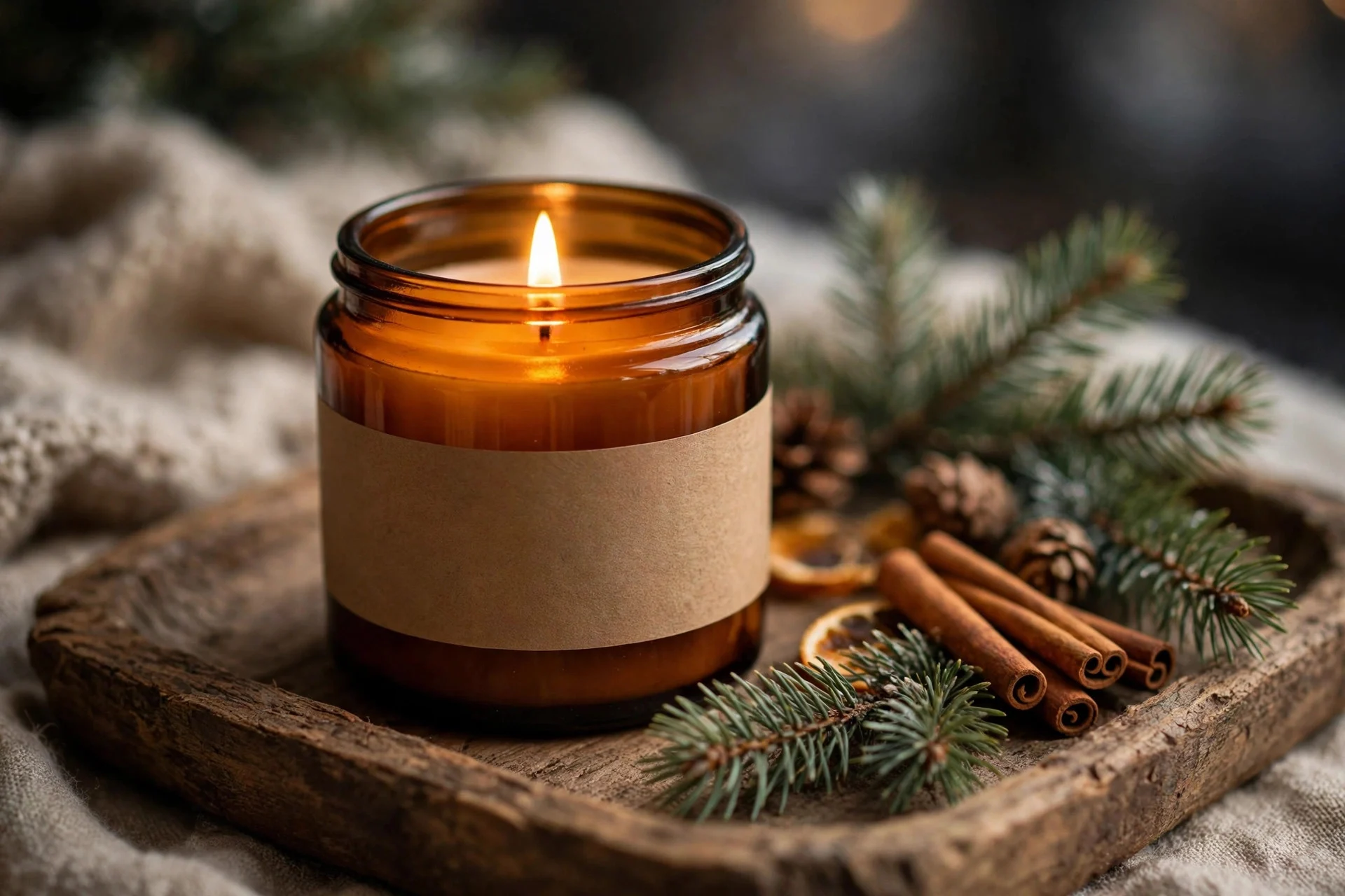 Lit cedar and vanilla scented candle in a glass jar on a wooden tray with pine sprigs