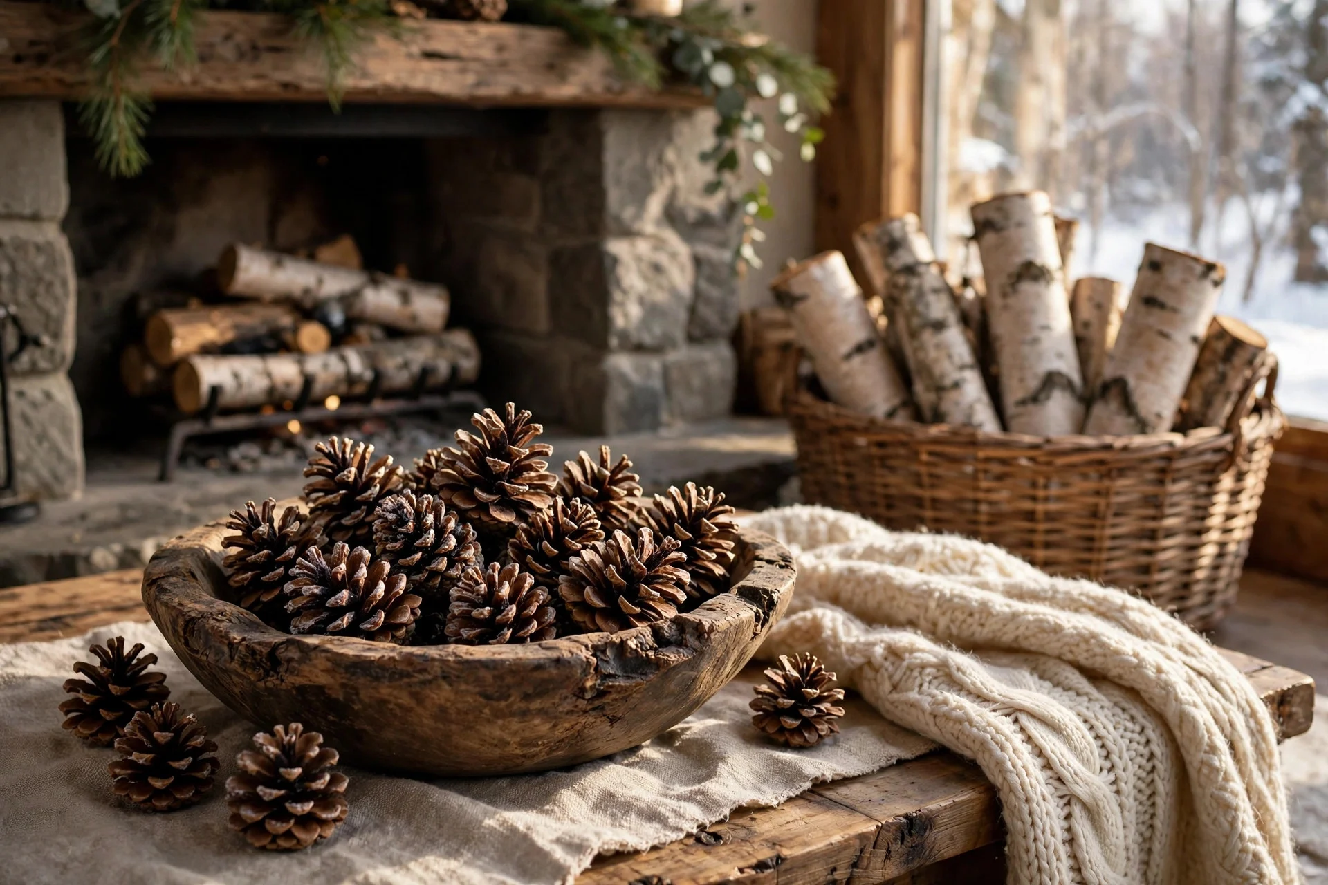 Wooden bowl of pinecones and birch logs styled on a winter coffee table