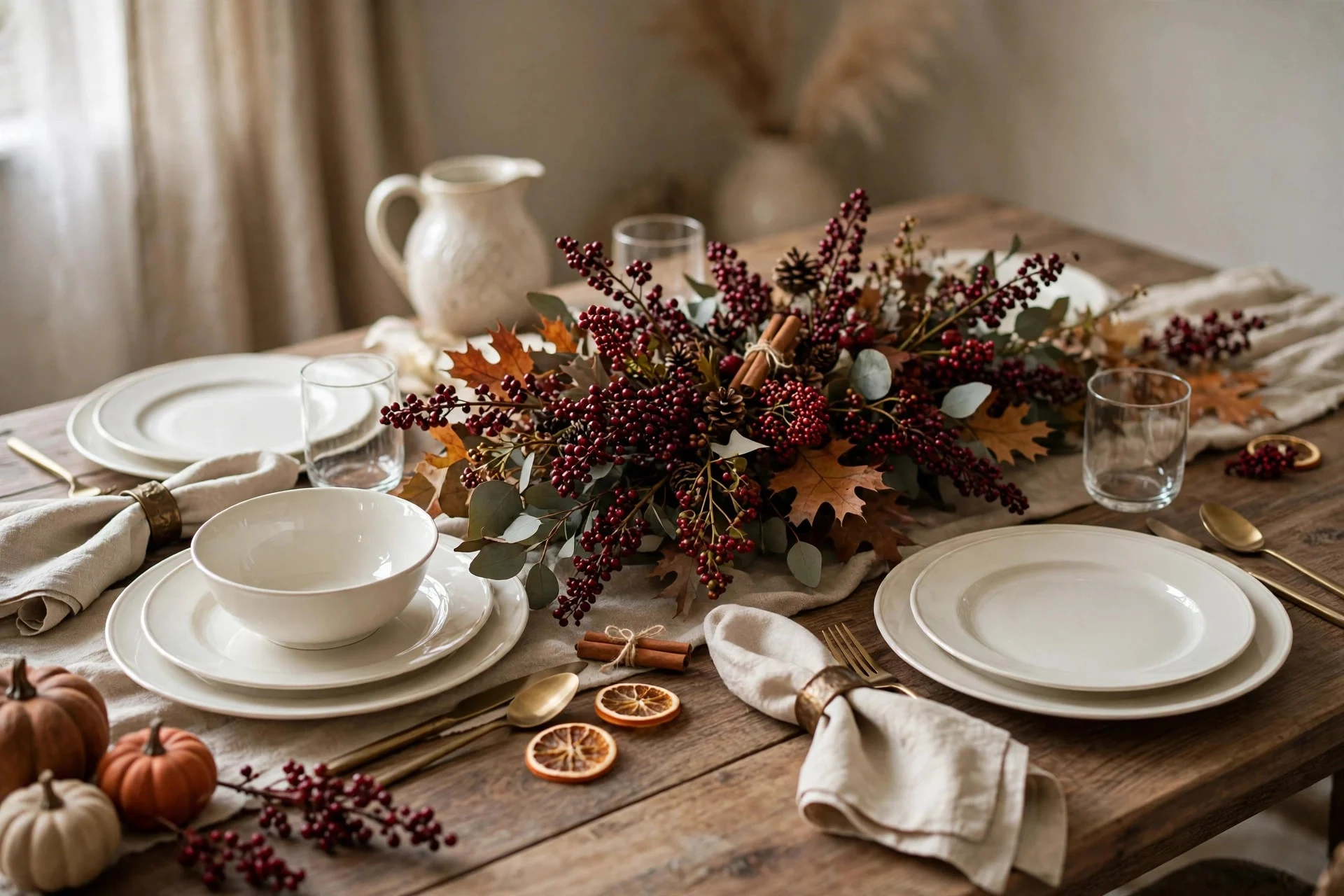 Elegant fall table with creamy white porcelain dishes and dark red berry sprigs as the centerpiece accent