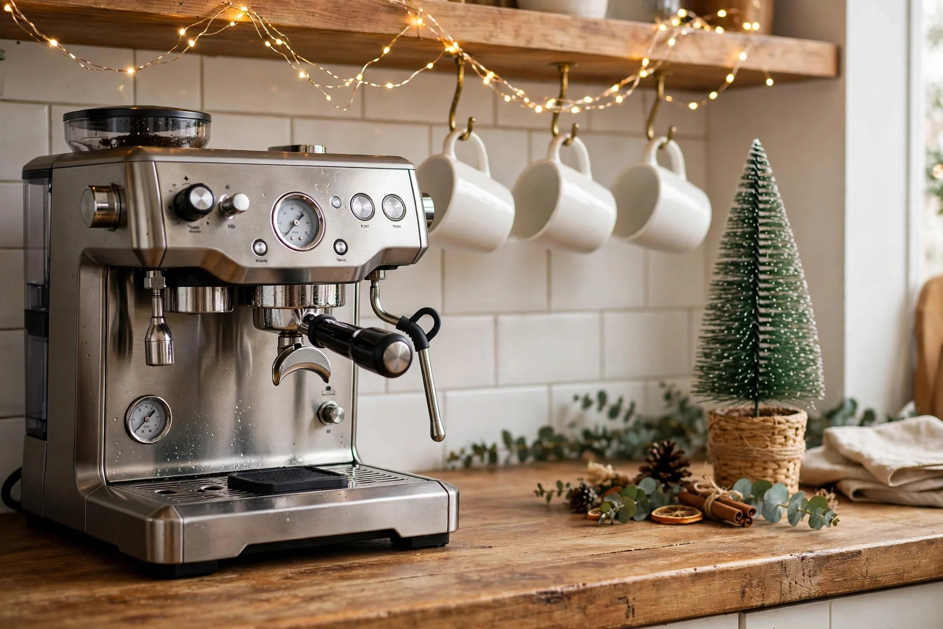 Kitchen coffee station styled for Christmas with fairy lights, bottle-brush tree and hanging mugs