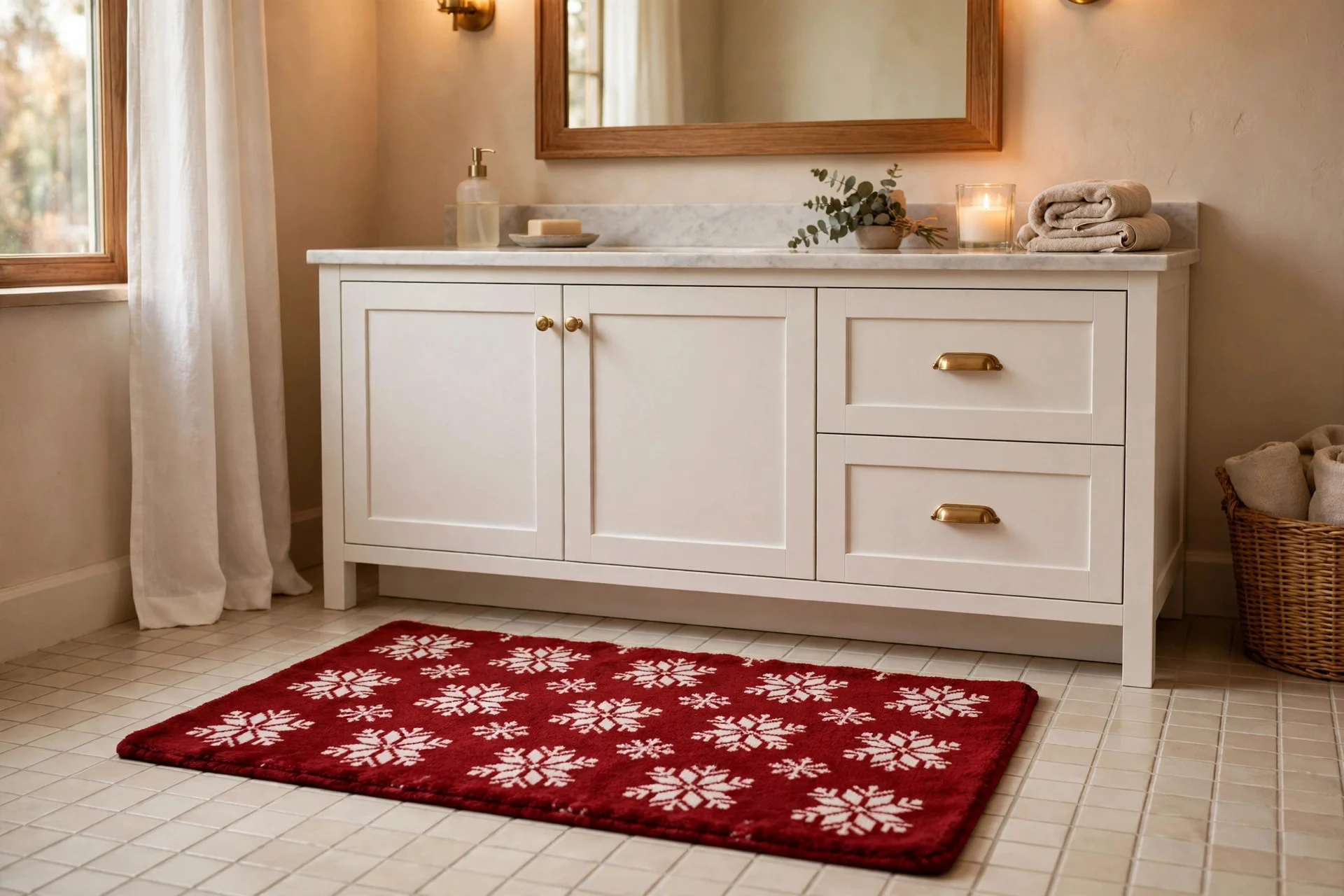 Deep red Christmas bath mat with white snowflake pattern in a bathroom