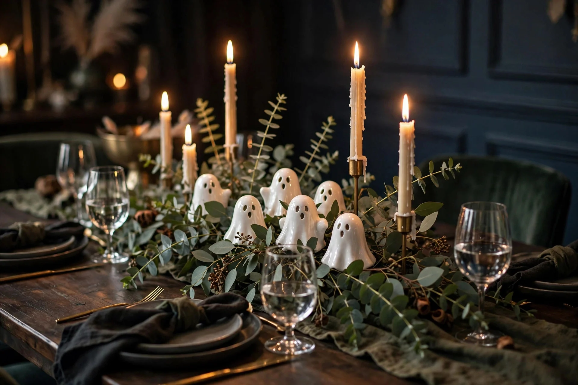 A dining table centerpiece of small white ceramic ghosts nestled among eucalyptus branches and candles