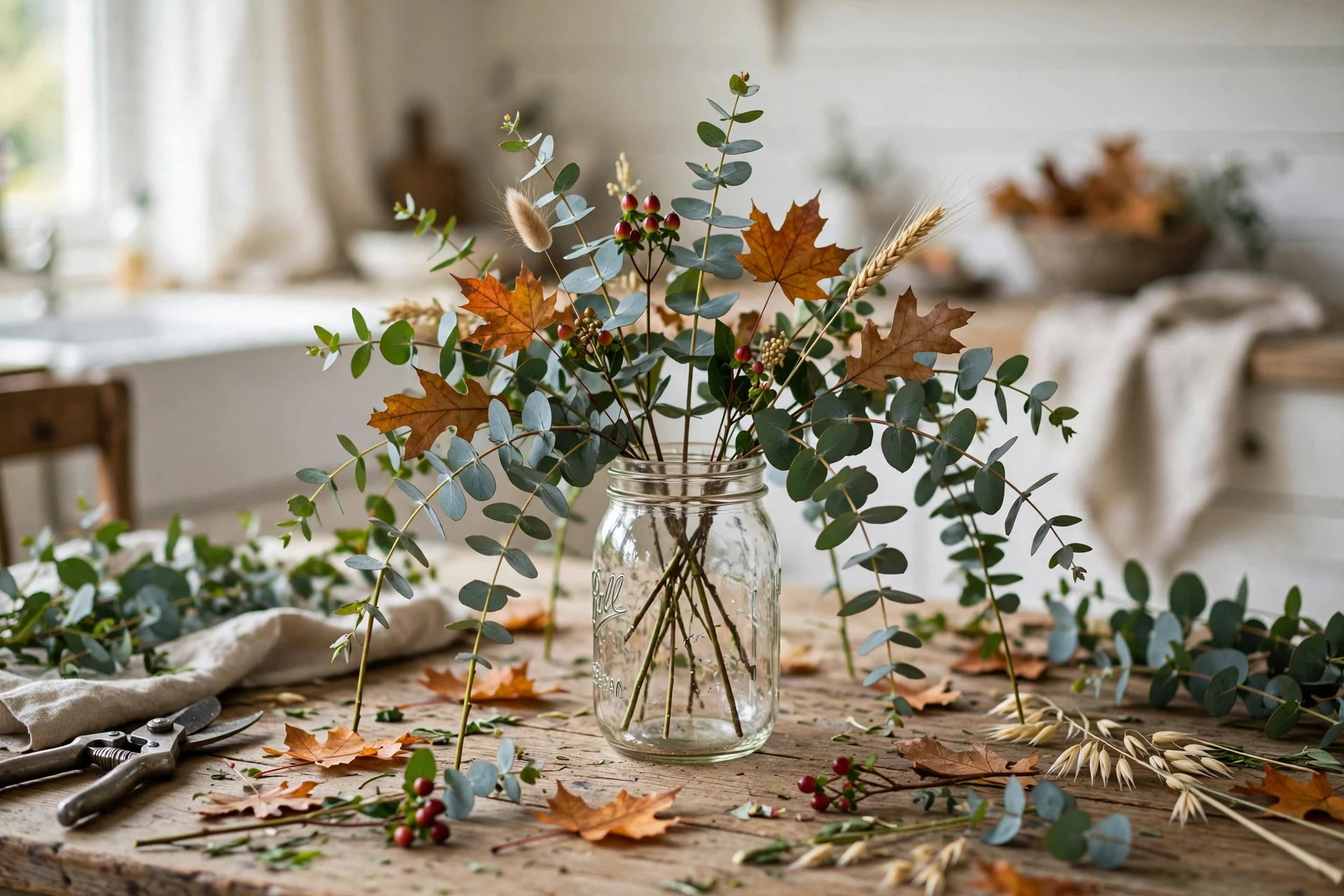 Eucalyptus and fall greenery forming the base of an arrangement in a mason jar