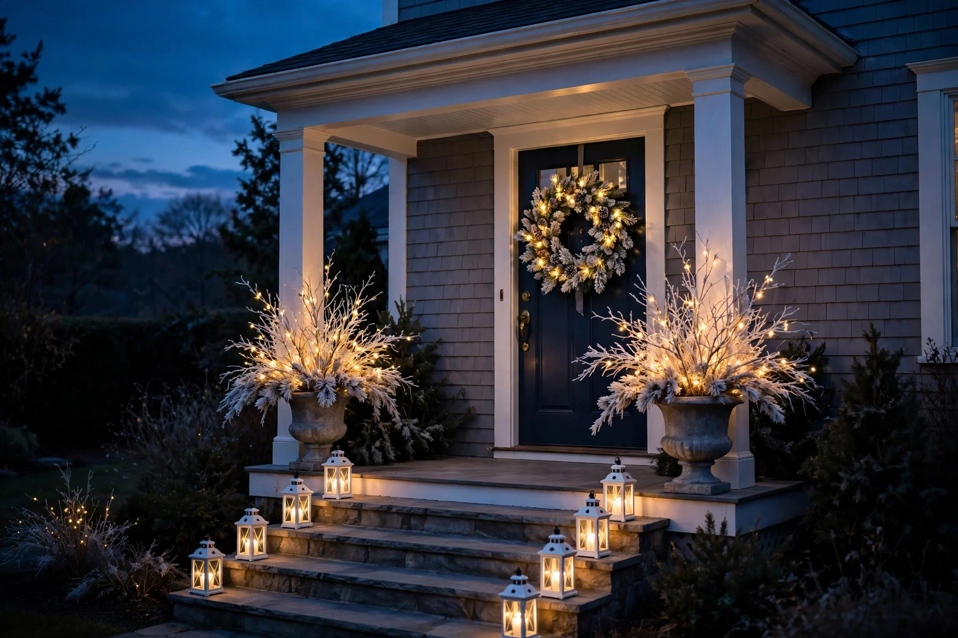 White front porch with glowing frosted urn planters and a lit winter wreath at night