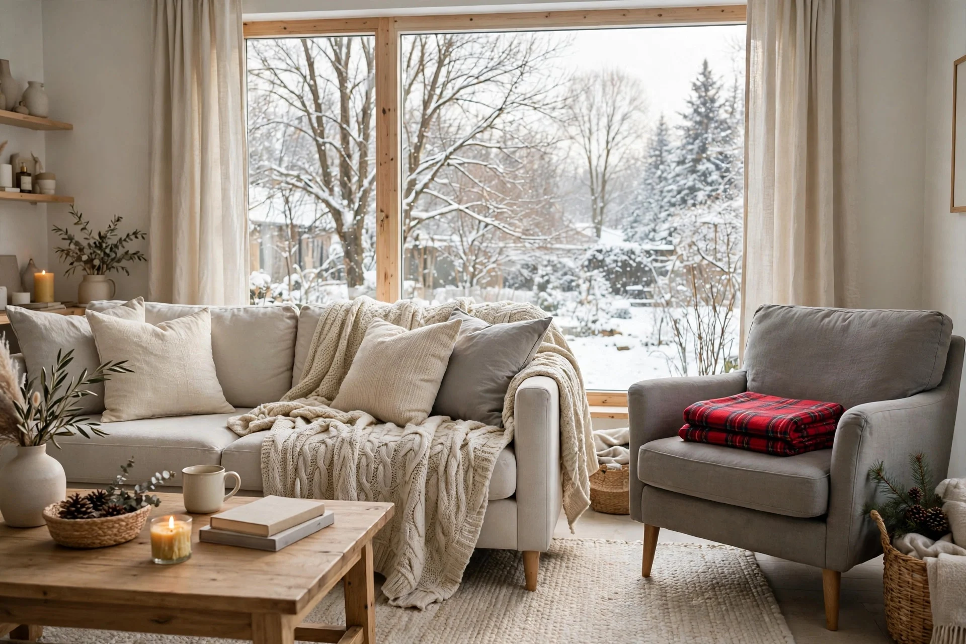 Neutral cream and oatmeal throw pillows and blankets replacing red holiday textiles on a sofa