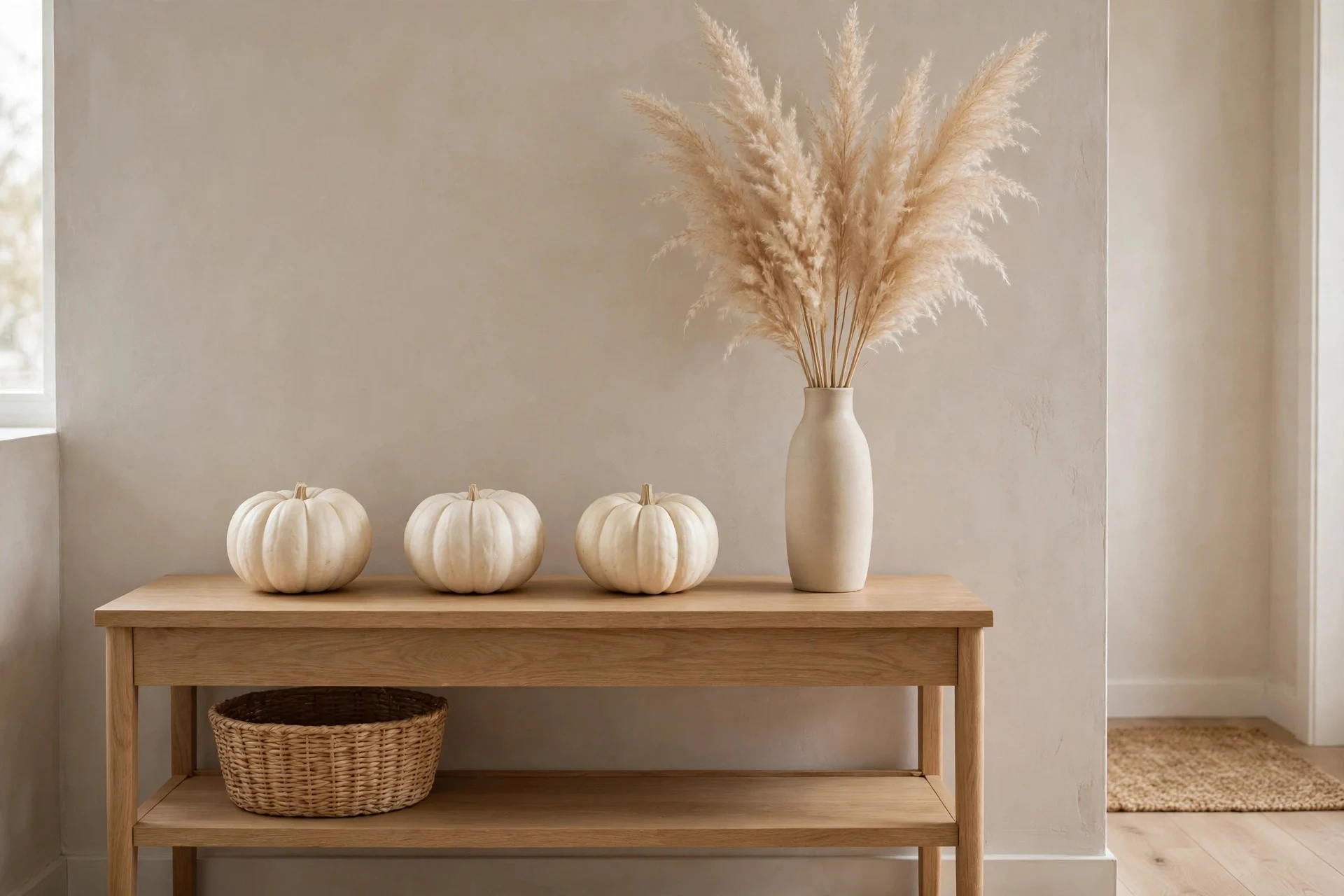 Row of real white baby boo pumpkins on a light oak console table with dried pampas grass