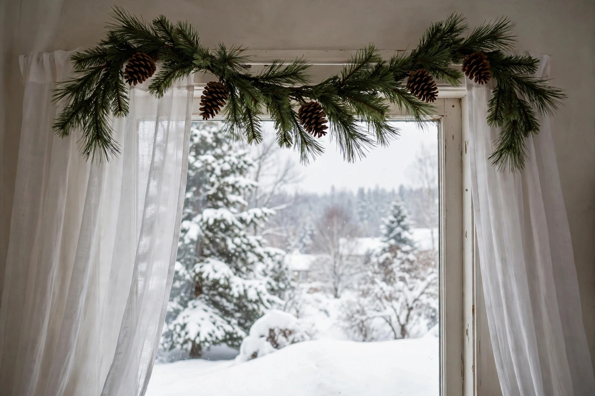 Pine garland with pinecones draped across a bedroom window frame