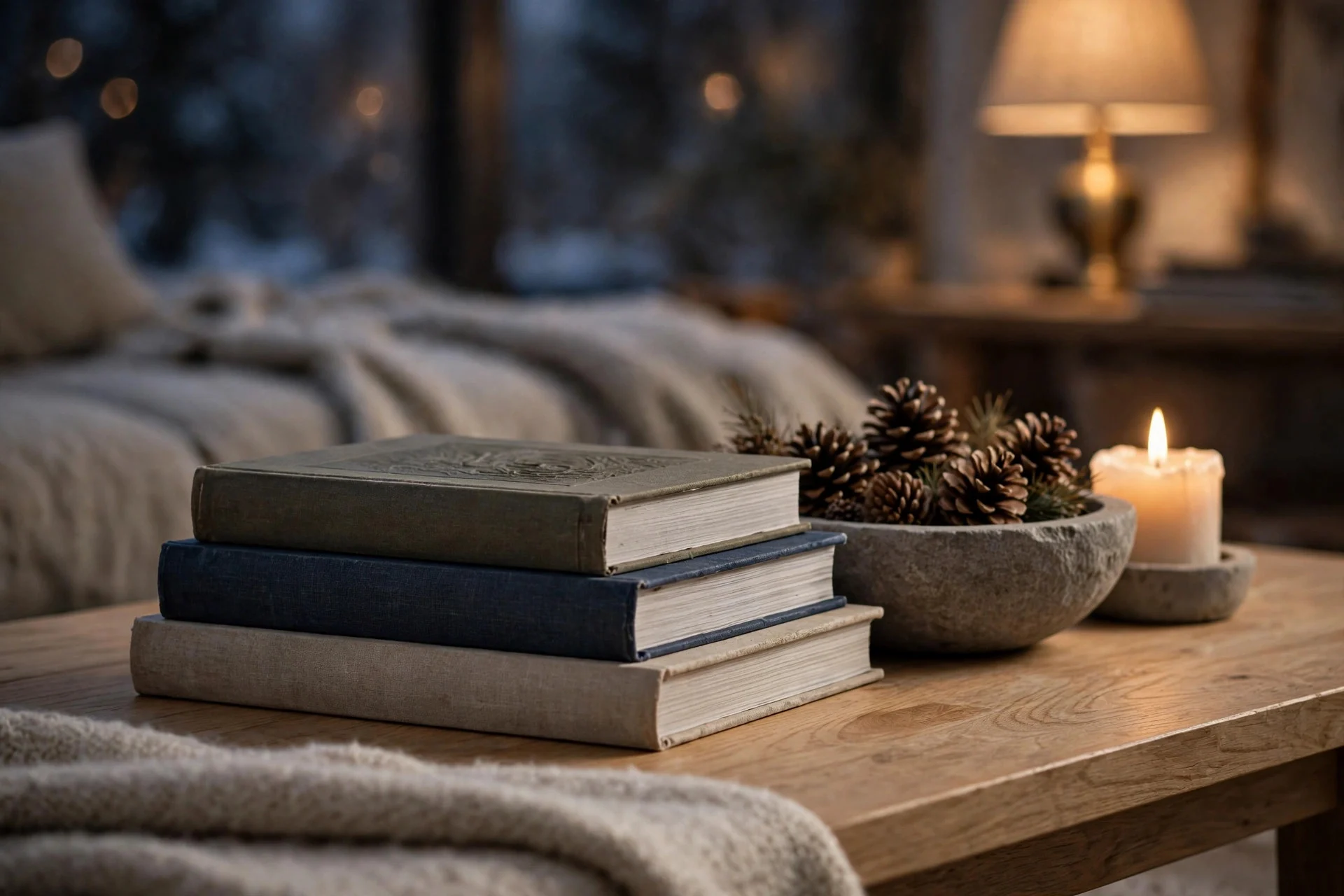 Coffee table styled for winter with stacked books, a stone bowl and a lit candle