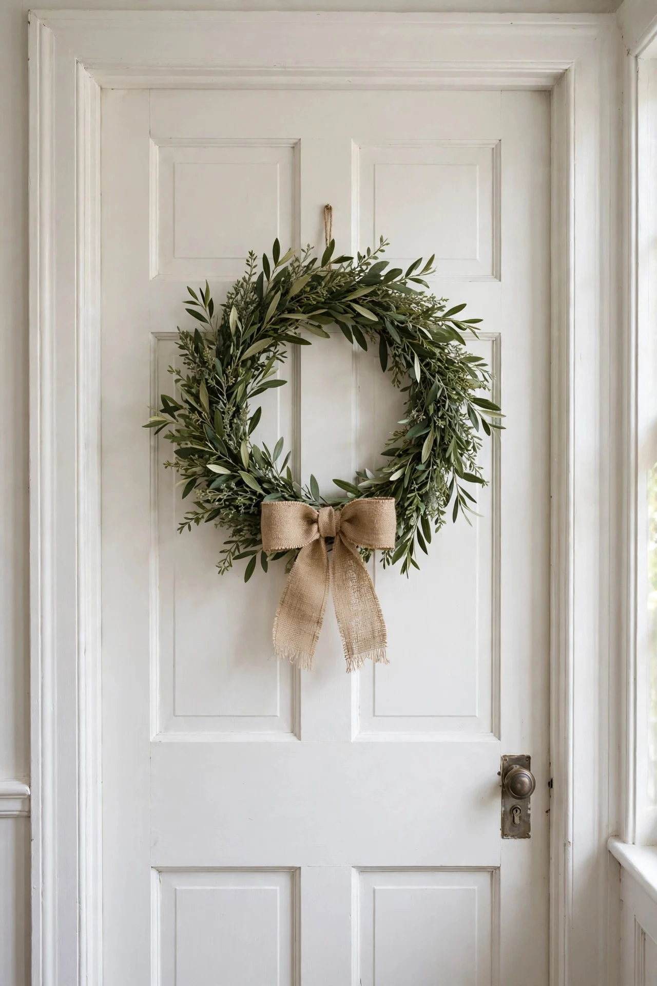 Simple greenery wreath with a burlap bow hanging on a white interior farmhouse door