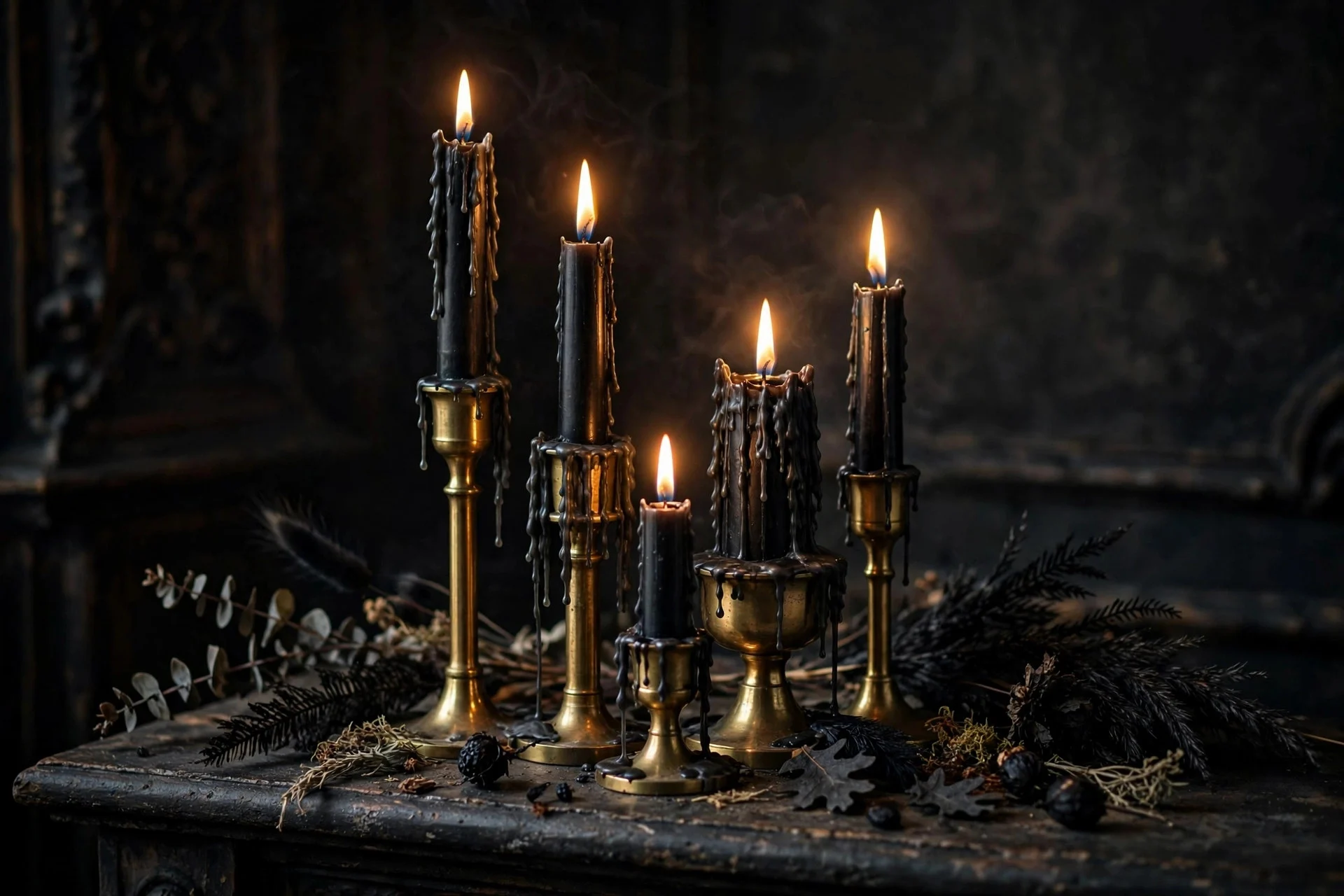 Cluster of lit black taper candles in brass holders of varying heights with dripping wax