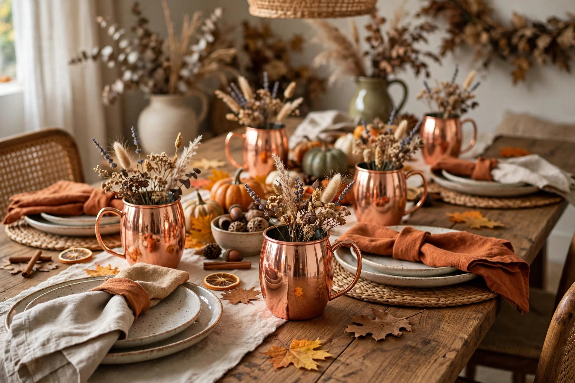 Fall place settings with polished copper mule mugs holding small dried floral sprigs at each seat
