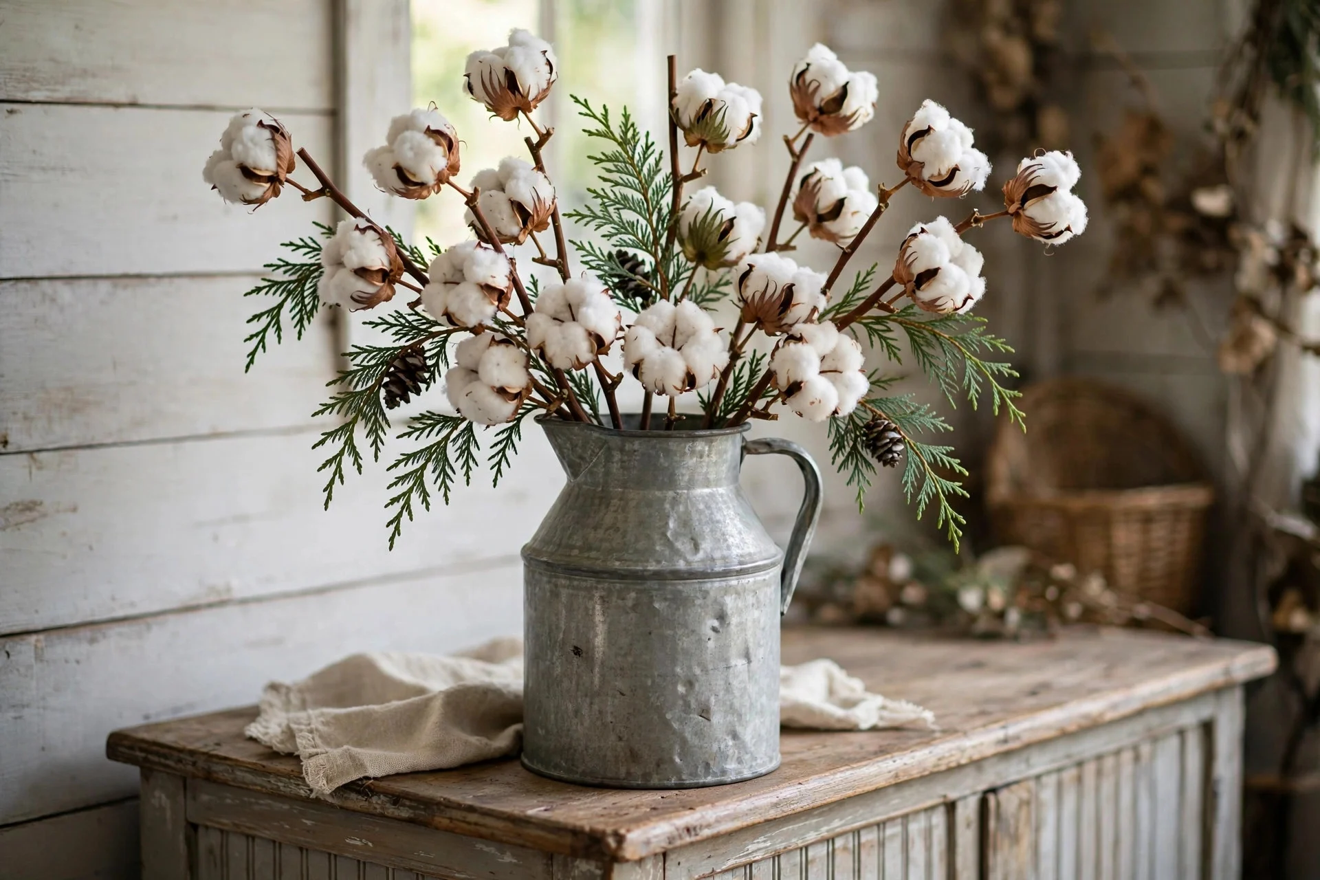 Cotton stems arranged in a vintage metal milk jug on a farmhouse sideboard