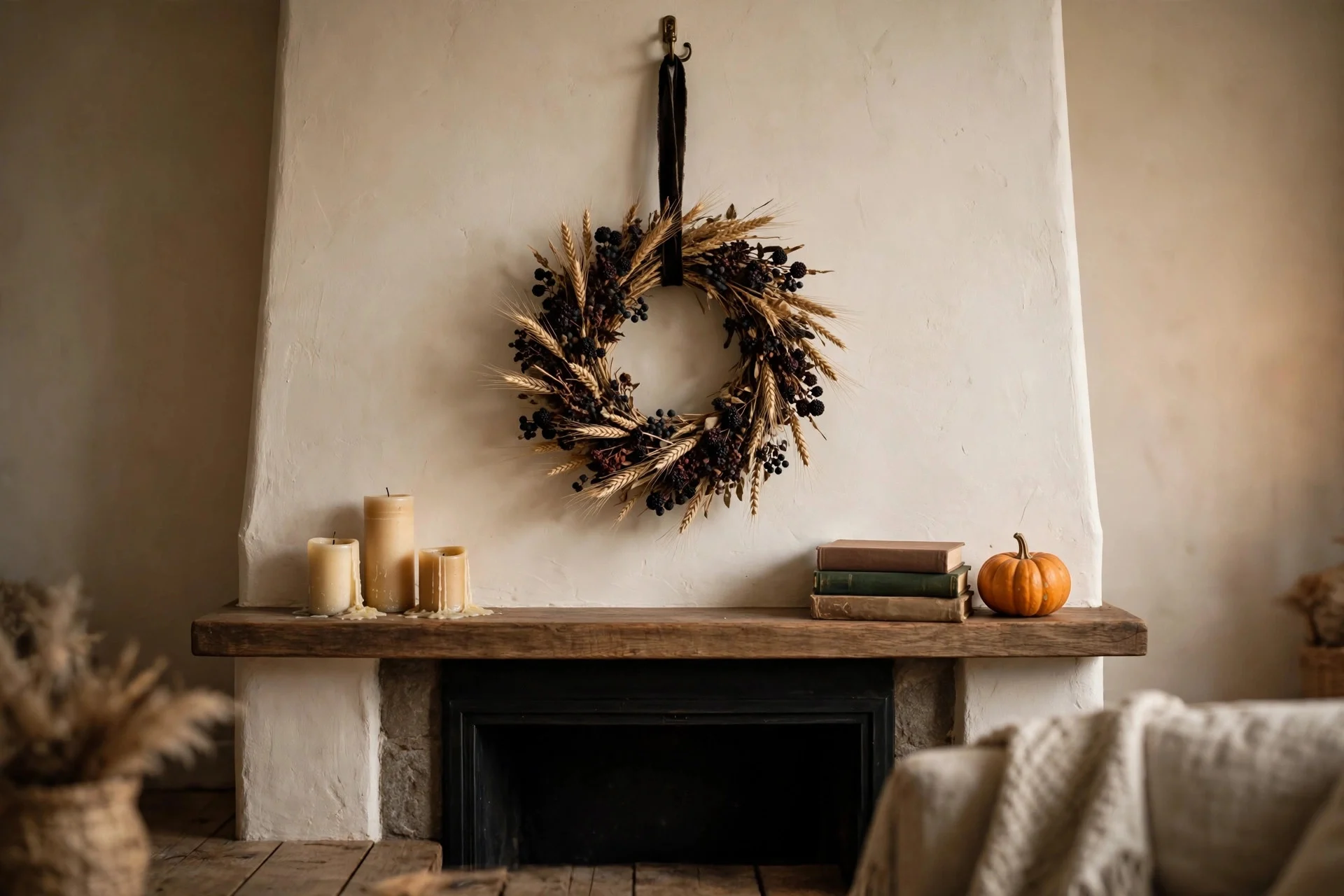 Dried wheat wreath hanging on a long ribbon above a simply styled fireplace mantel