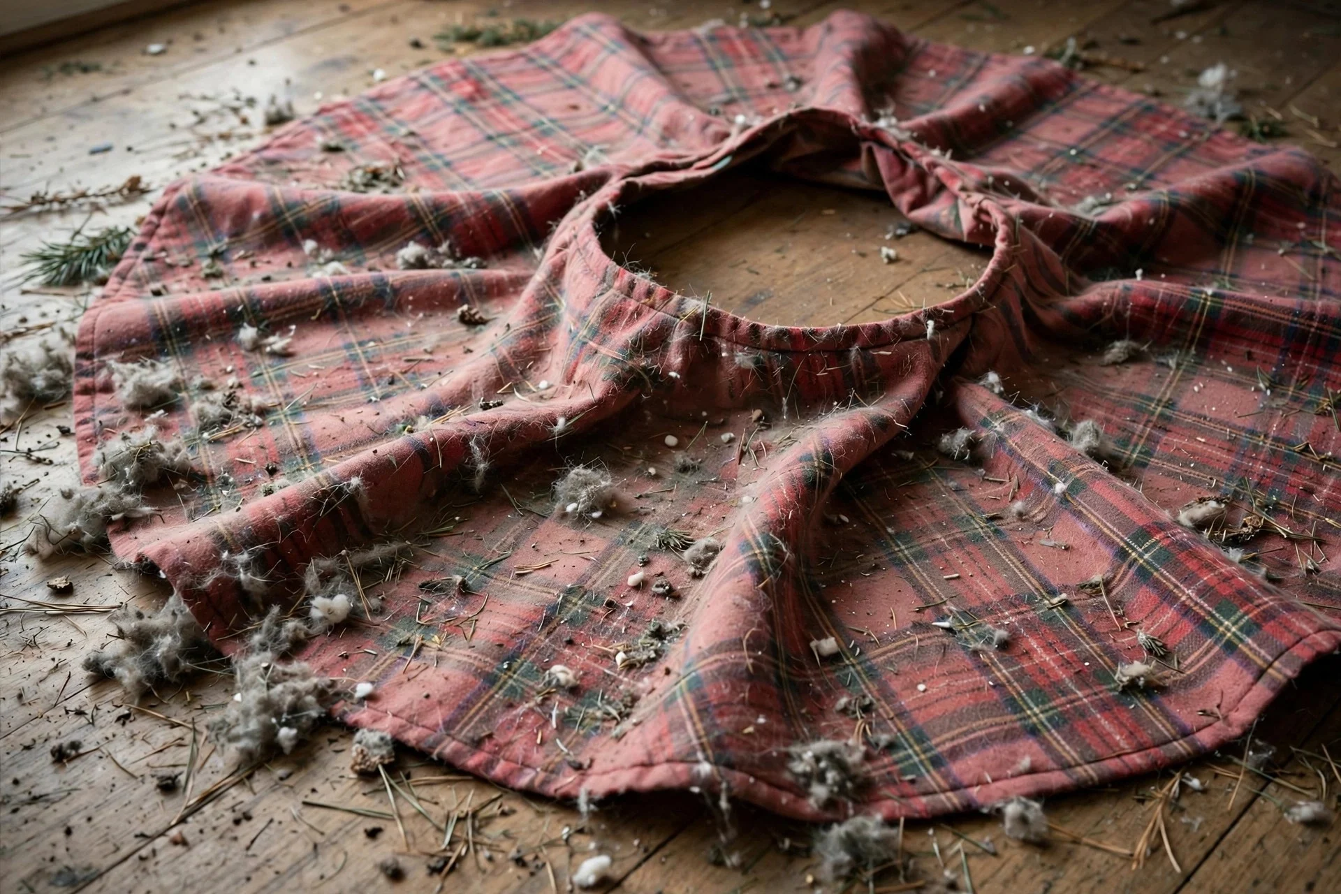 Dusty Christmas tree skirt with visible dust and lint before cleaning