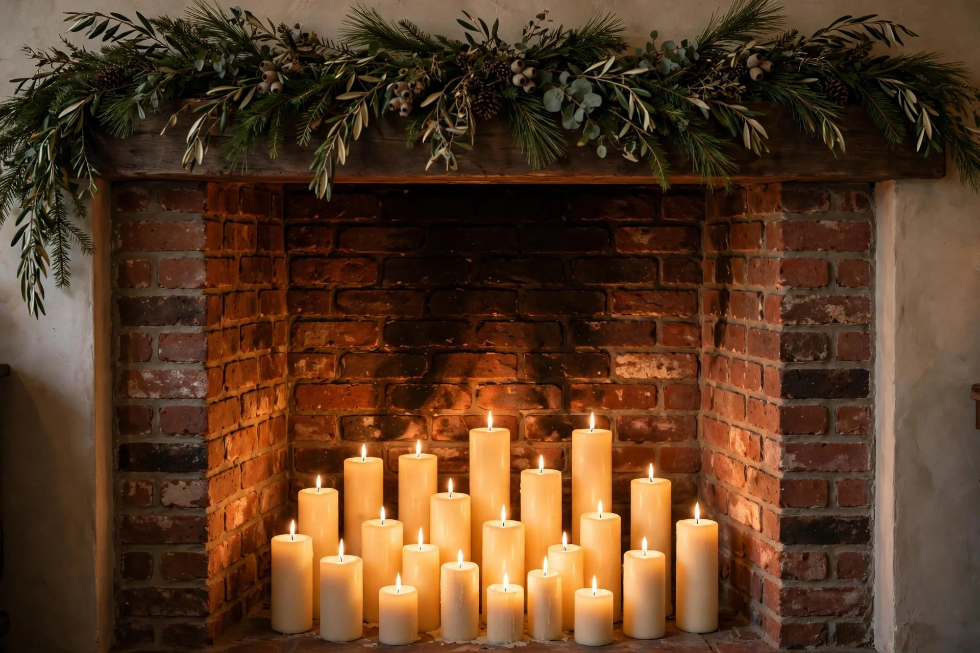 Fireplace mantel glowing with clustered pillar candles and soft firelight reflections