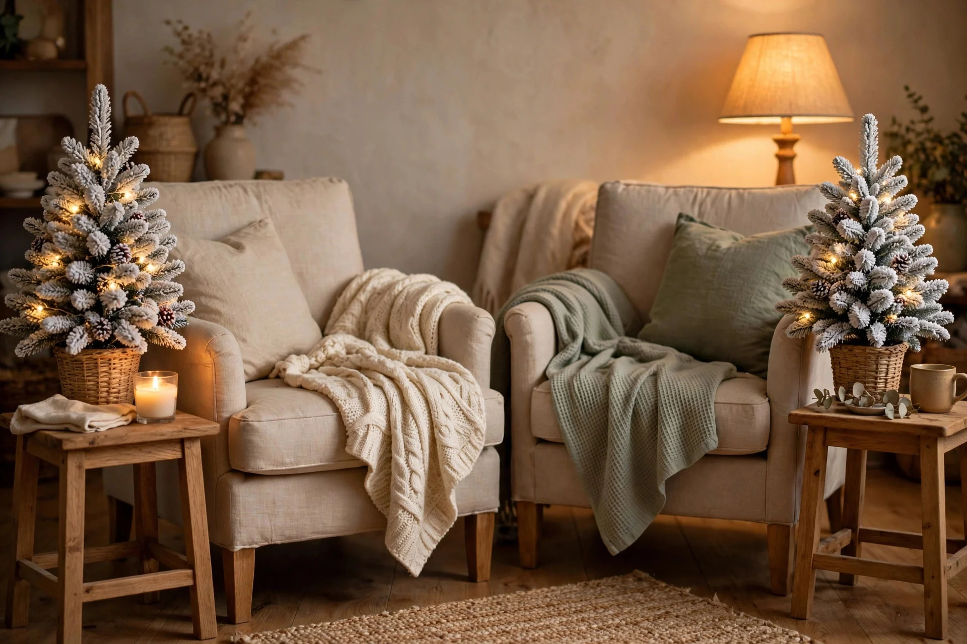 Flocked mini Christmas trees on living room side tables beside armchairs