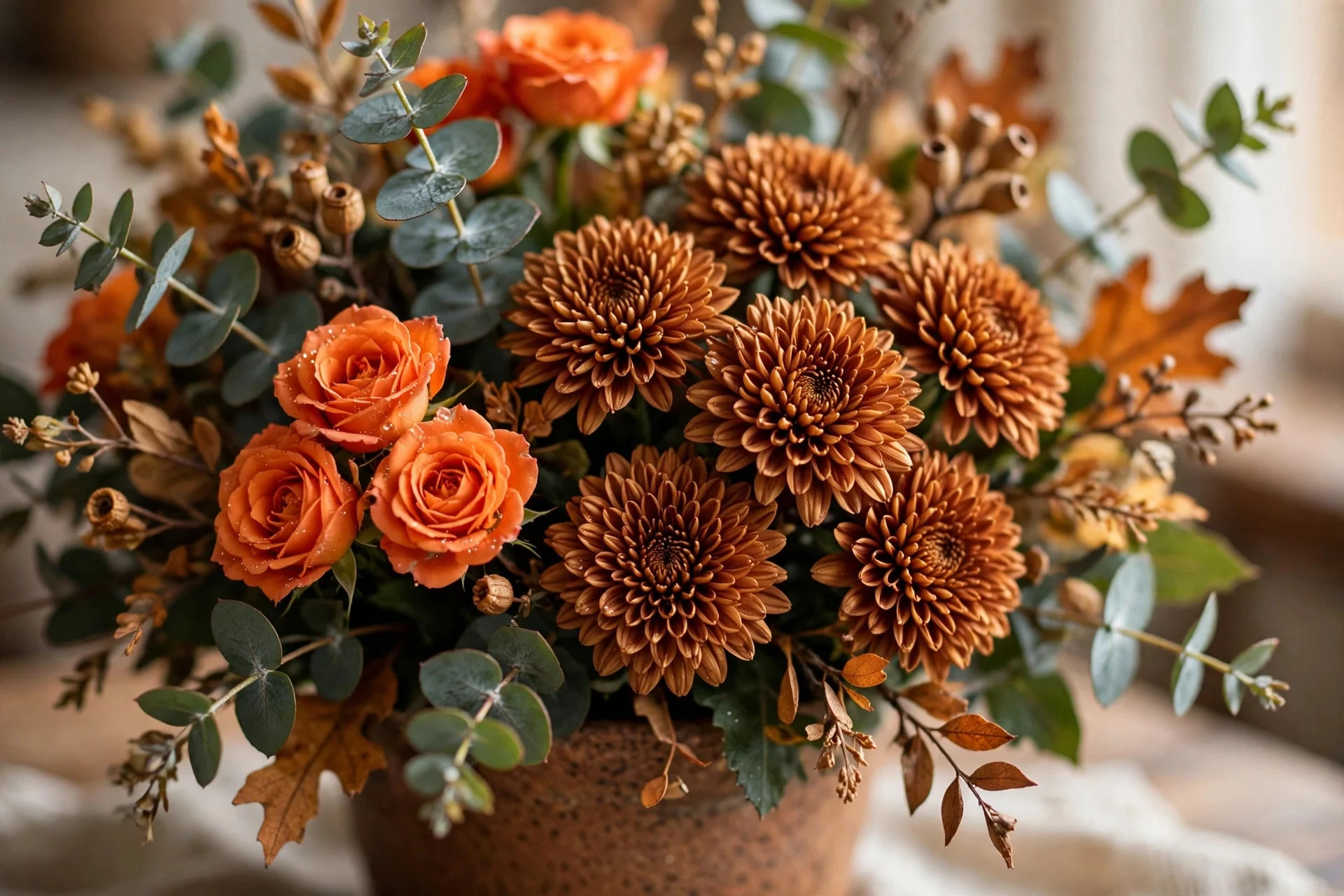 Close-up of clustered spray roses and mums in a fall centerpiece arrangement