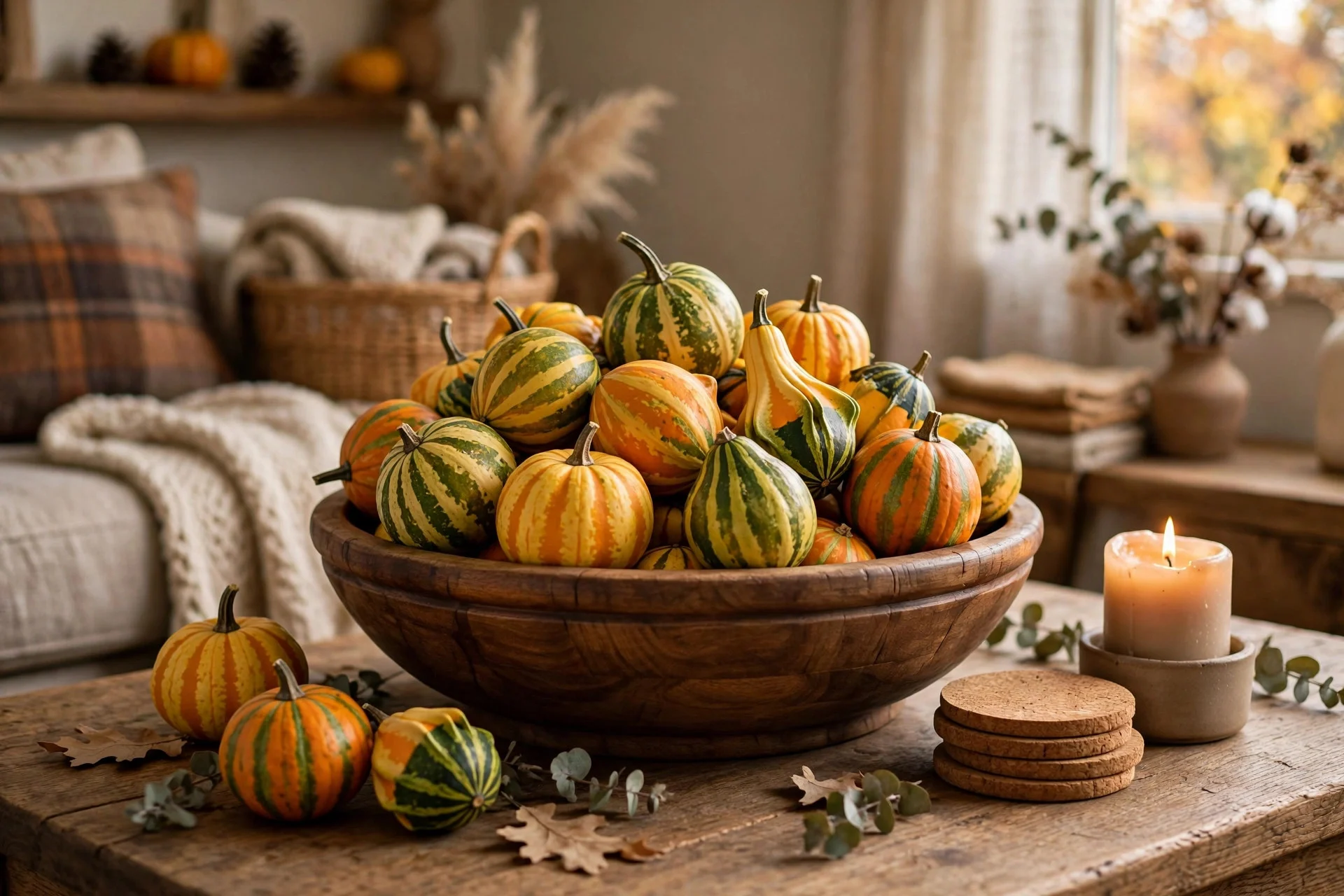 Large wooden bowl overflowing with colorful real ornamental gourds on a coffee table