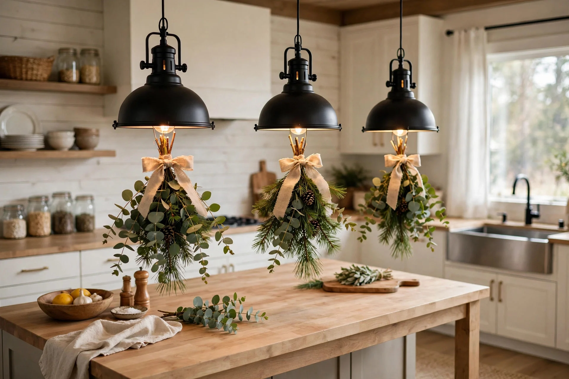Fresh eucalyptus and pine sprigs tied with ribbon hanging from black kitchen pendant lights