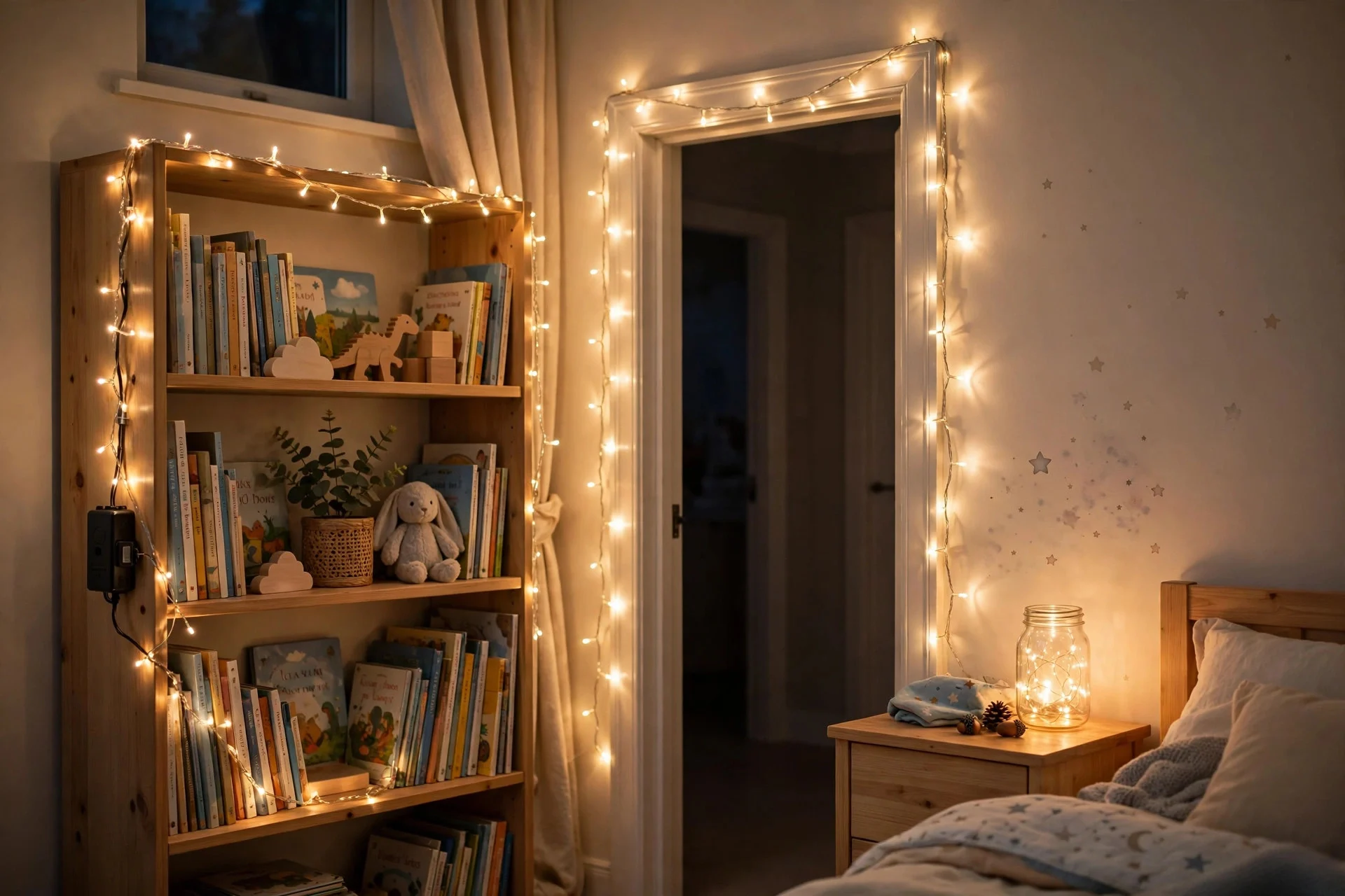 Warm LED string lights draped safely along a bookshelf out of children's reach