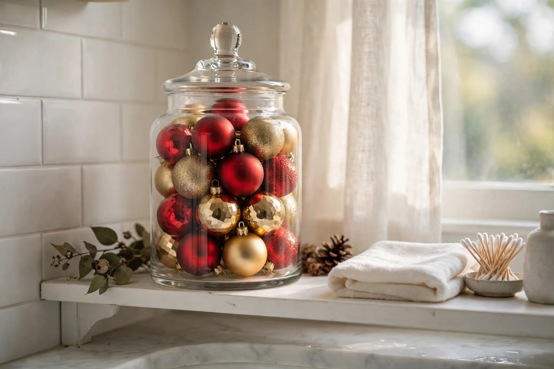 Clear glass apothecary jar filled with red and gold Christmas ornaments on a bathroom shelf