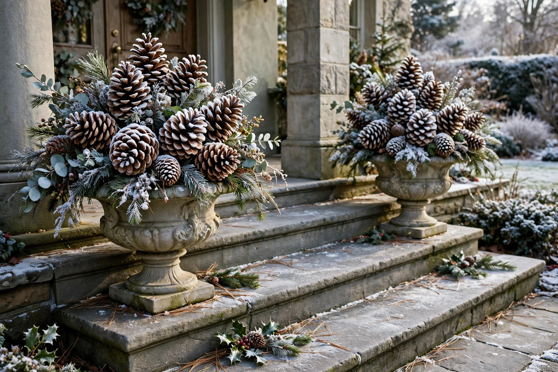 Stone urn planters filled with oversized pinecones on winter porch steps