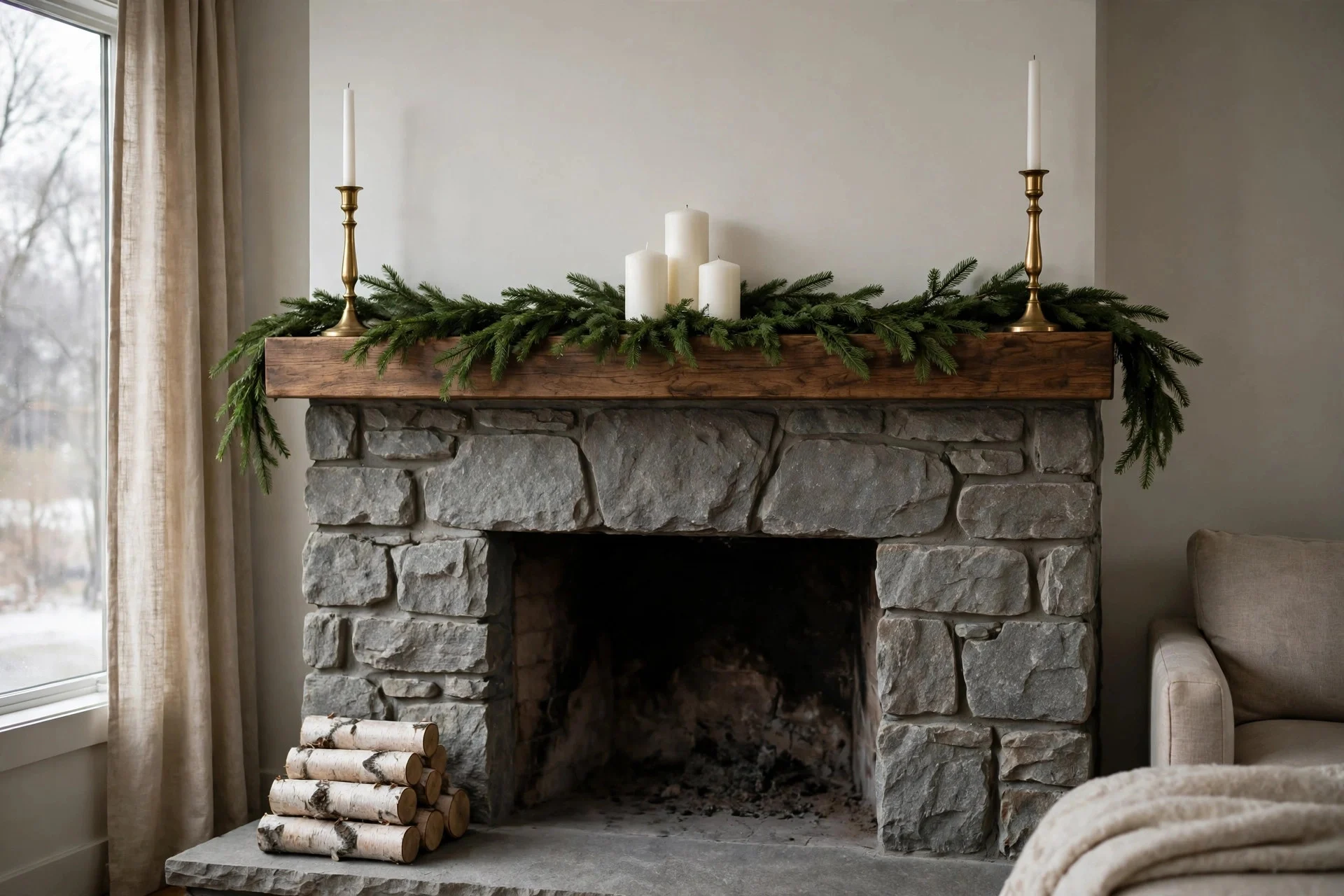 Winter mantel styled with evergreen garland, white candles and wooden accents