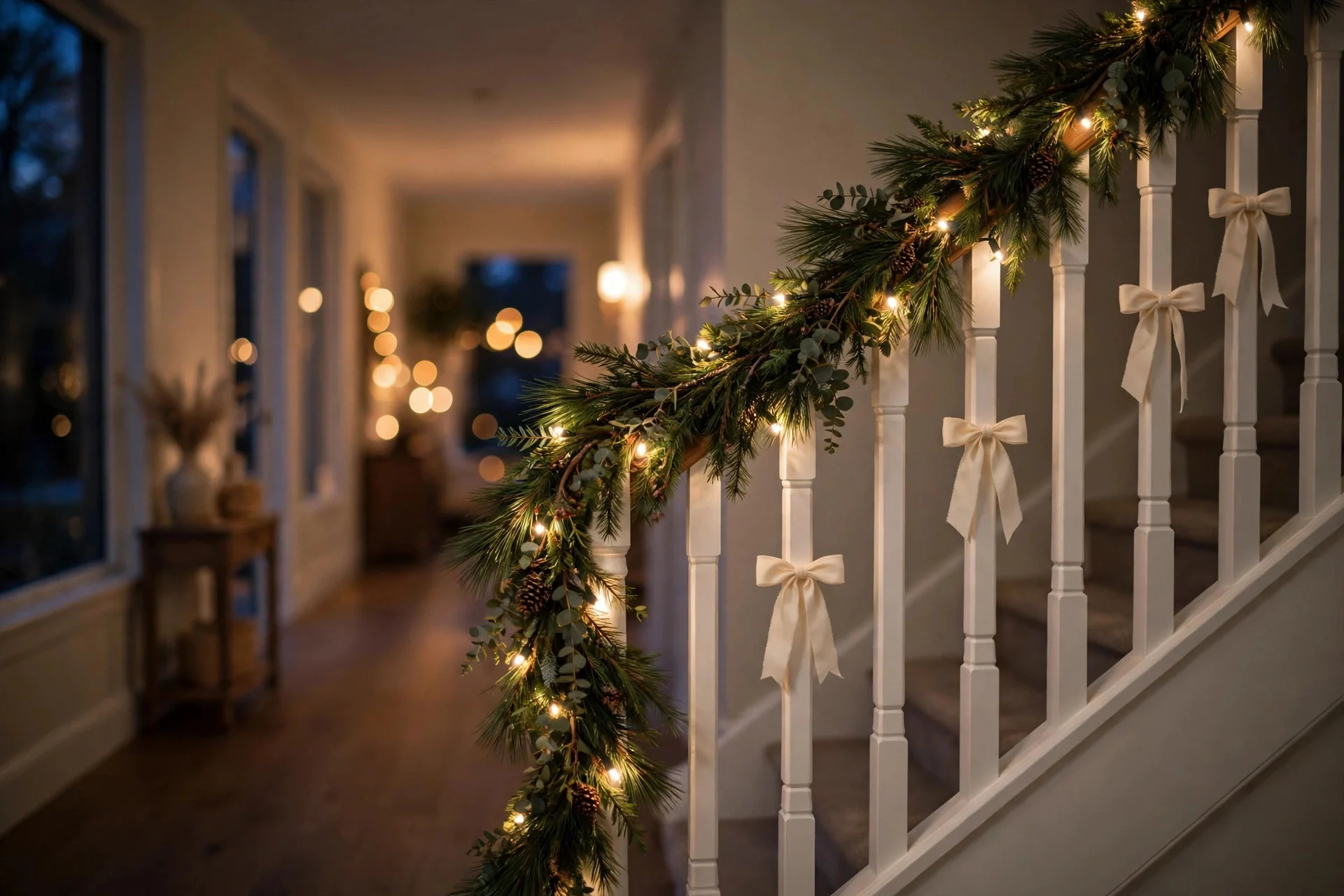 White-painted staircase wrapped with a light-strung pine garland at night