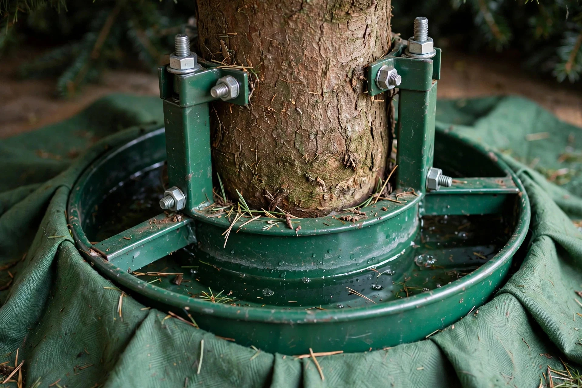 Close-up of a Christmas tree trunk secured in a sturdy metal tree stand with a water reservoir