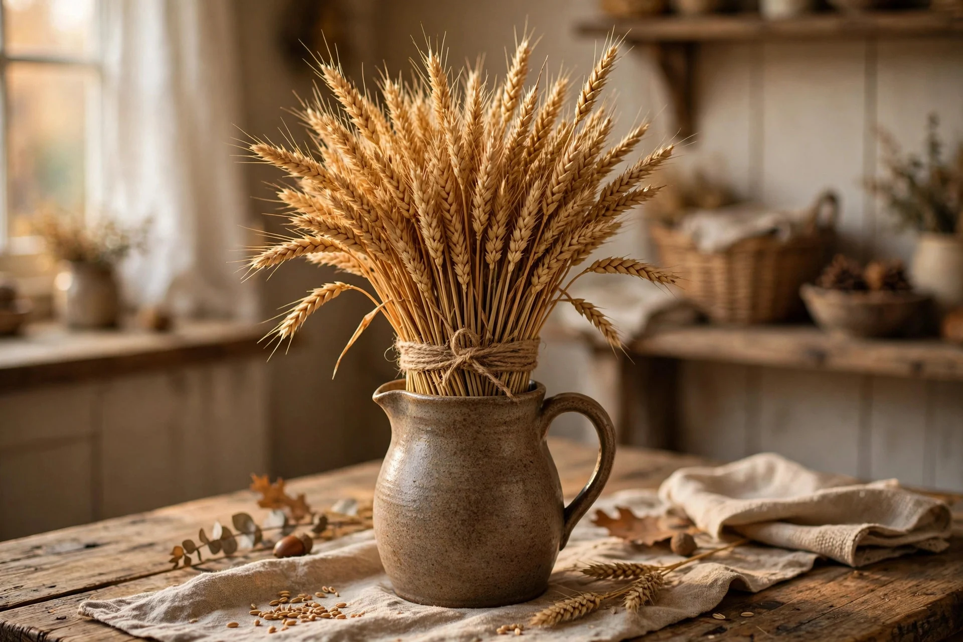 Dried wheat stalks arranged in a stoneware pitcher as a rustic Thanksgiving centerpiece
