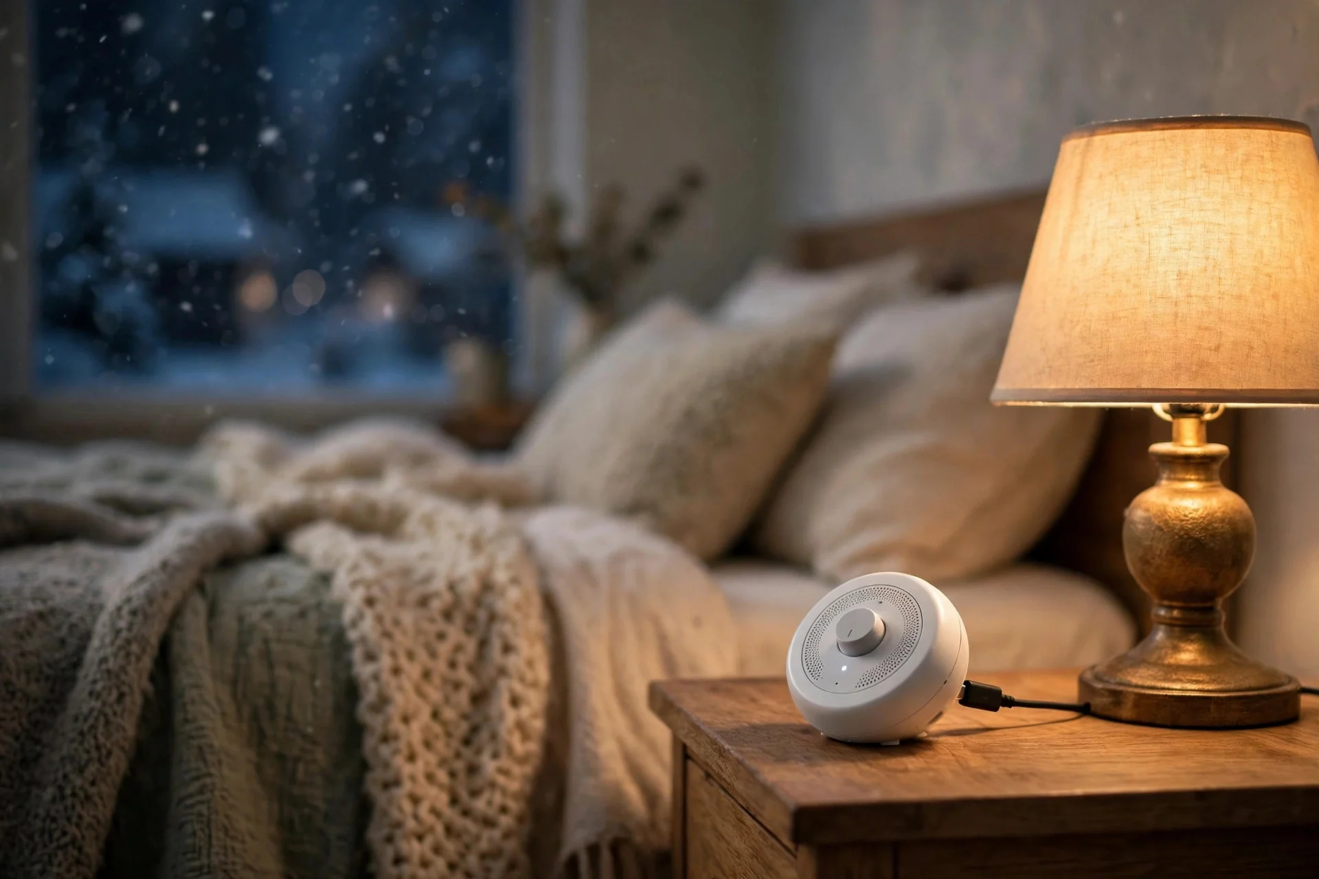 White noise machine on a nightstand in a calm winter bedroom