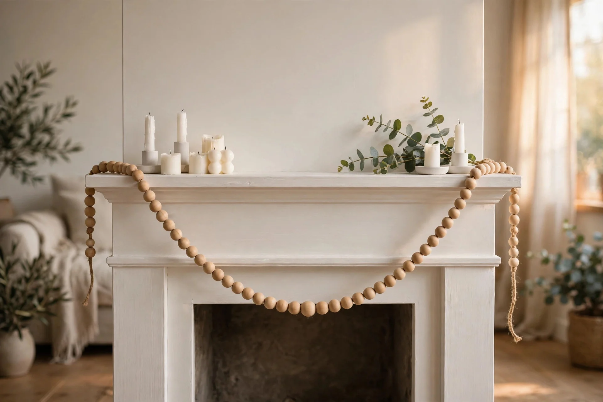 Natural wooden bead garland draped across a mantel between candle holders