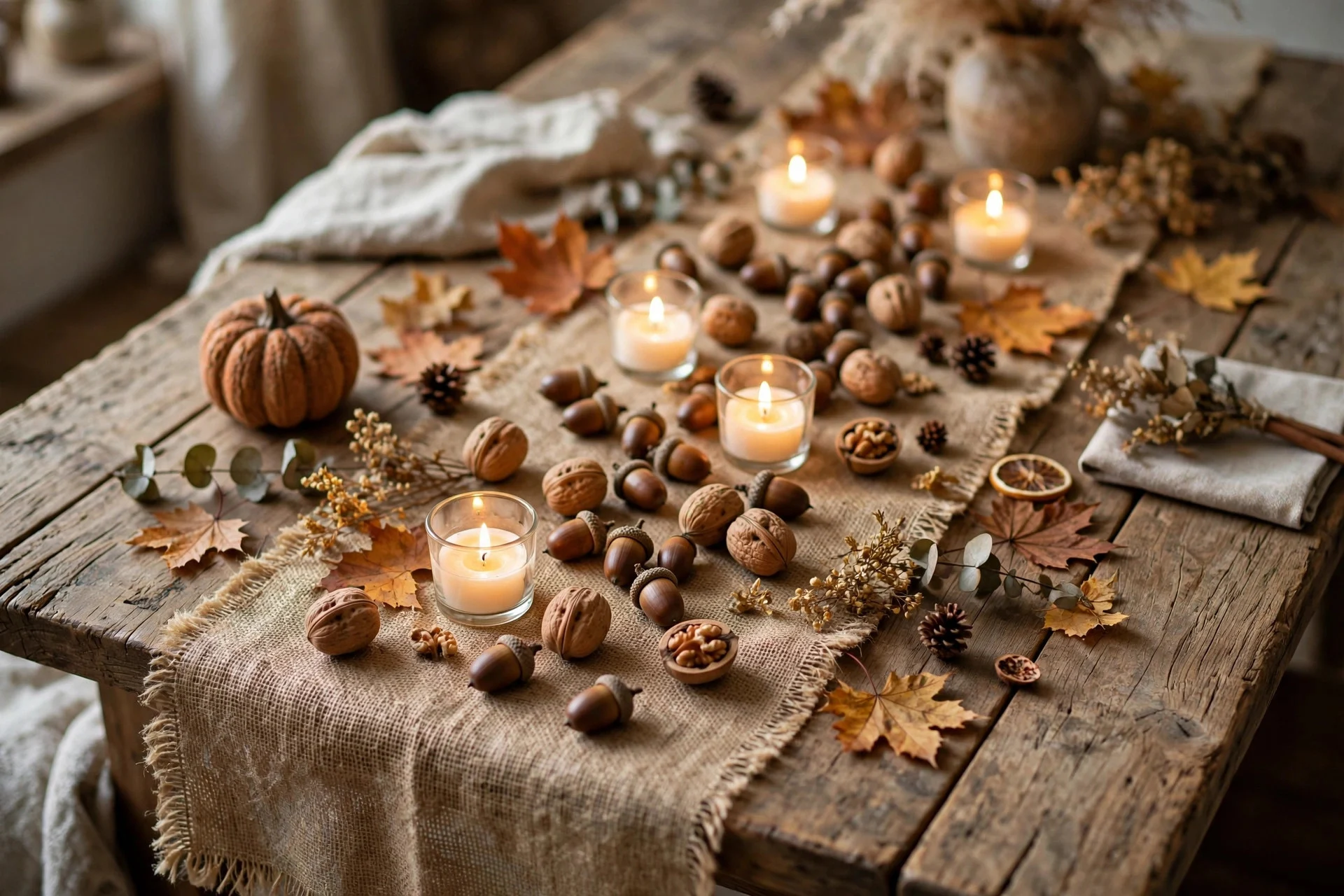 Rustic fall table with a burlap runner scattered with acorns and walnuts between small candles