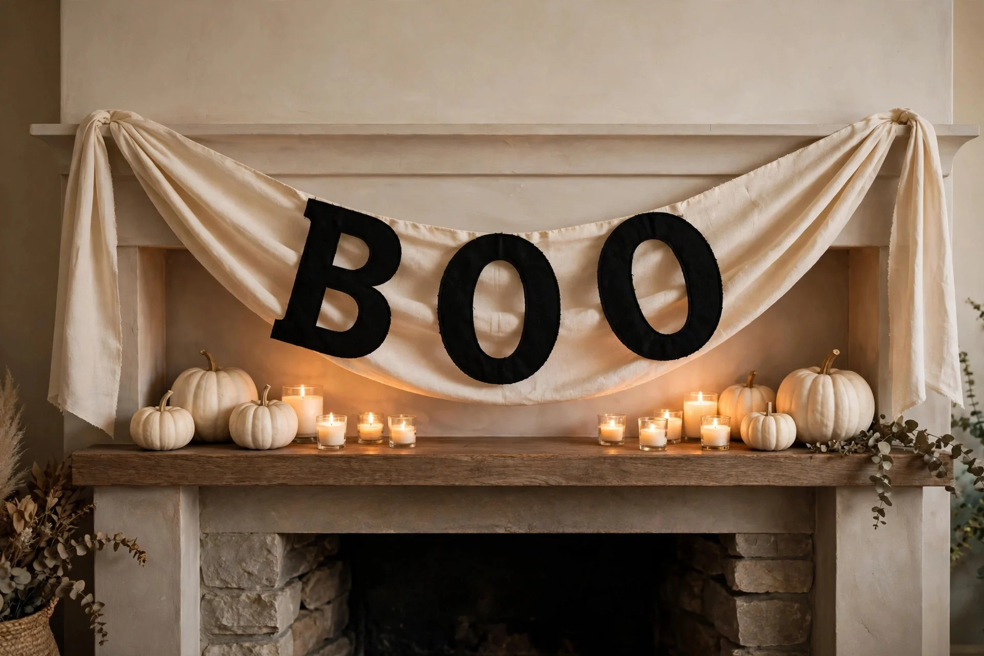 Fabric banner with big BOO letters swagged across a mantel above low white pumpkins