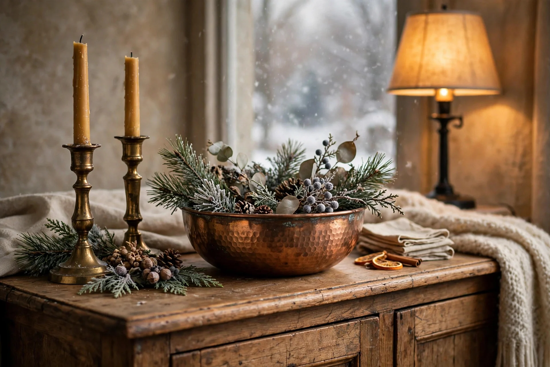 Brass candlesticks and a copper bowl styled on a sideboard with warm winter lighting