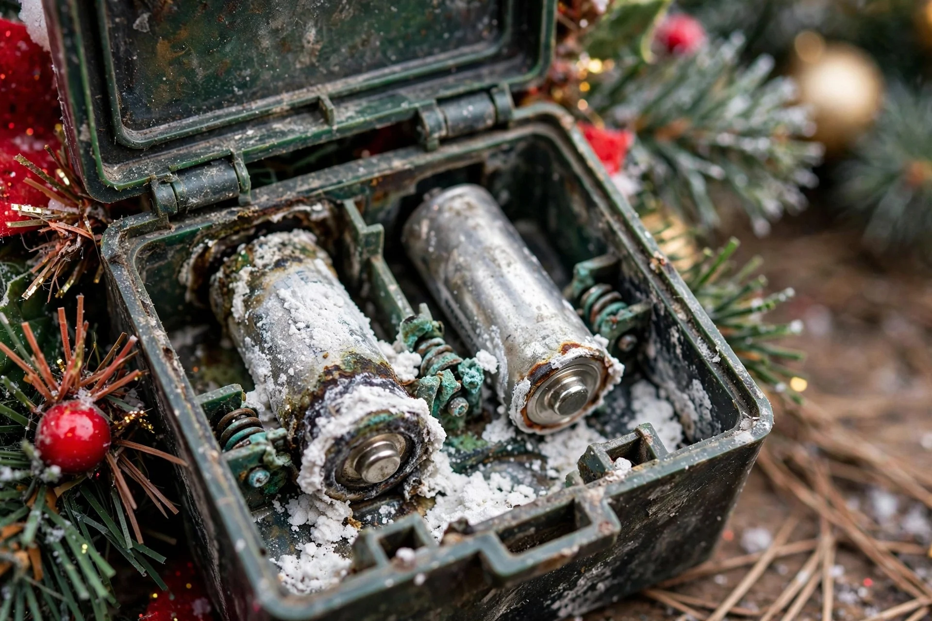 Corroded battery compartment of a Christmas decoration with white alkaline leakage