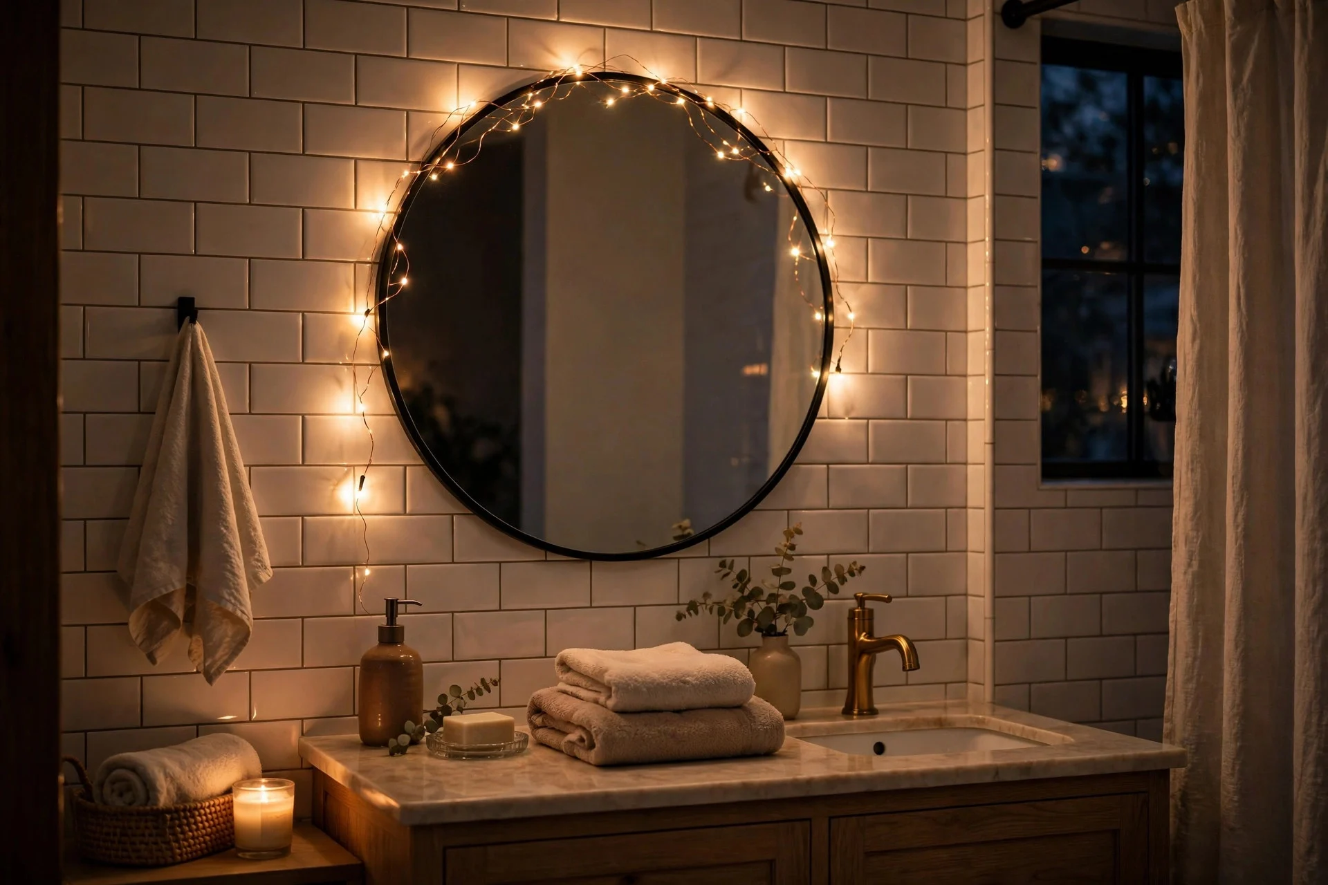 Warm fairy lights draped around a bathroom mirror frame