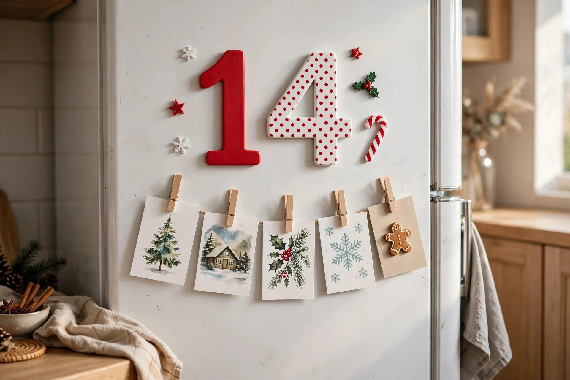 White refrigerator door with a Christmas countdown made of red and white number magnets