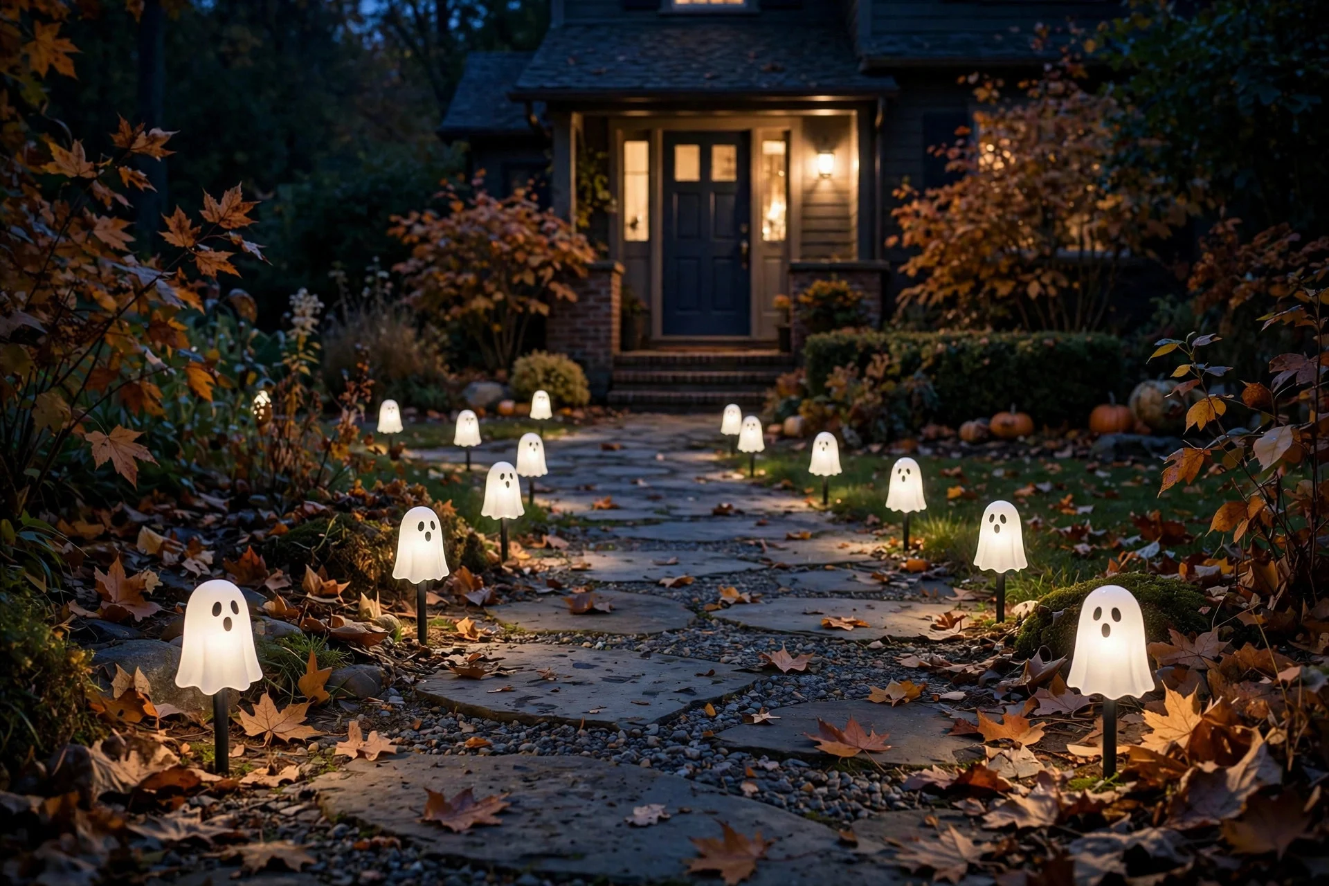 Solar-powered glowing ghost stake lights lining a garden path leading to a house at night