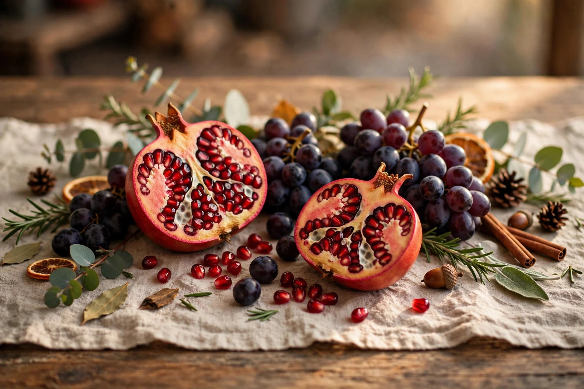 Cut pomegranates and dark purple grapes arranged on a linen runner as an edible Thanksgiving centerpiece