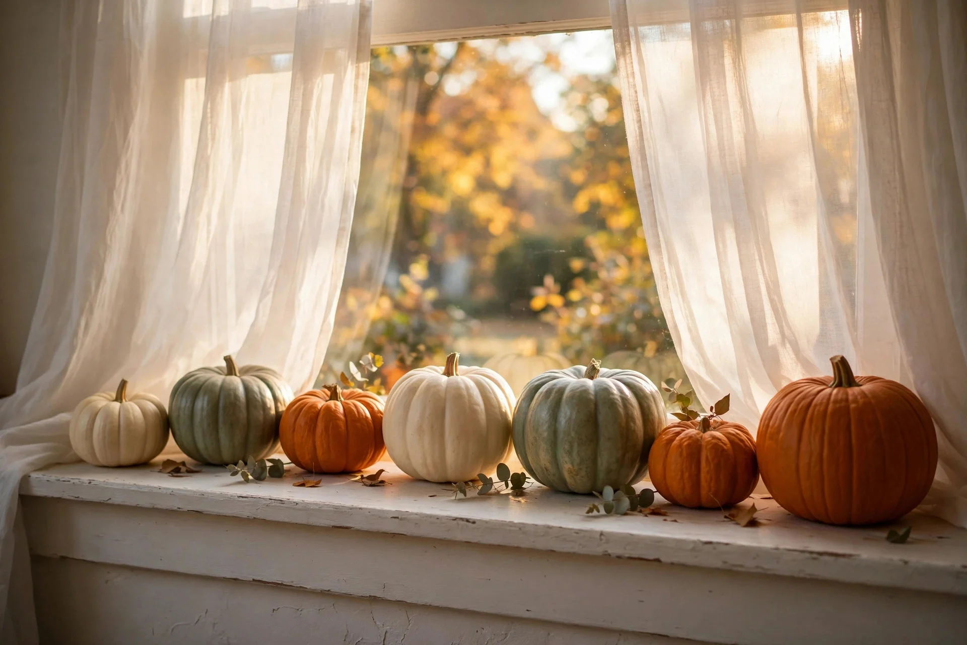 Small real pumpkins in cream, sage and orange lined along a windowsill in golden autumn light