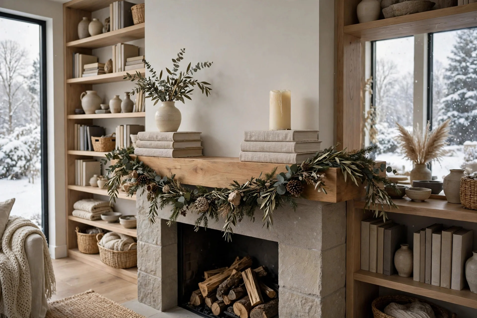 Stack of neutral-covered books used as risers for a vase and candle on a mantel