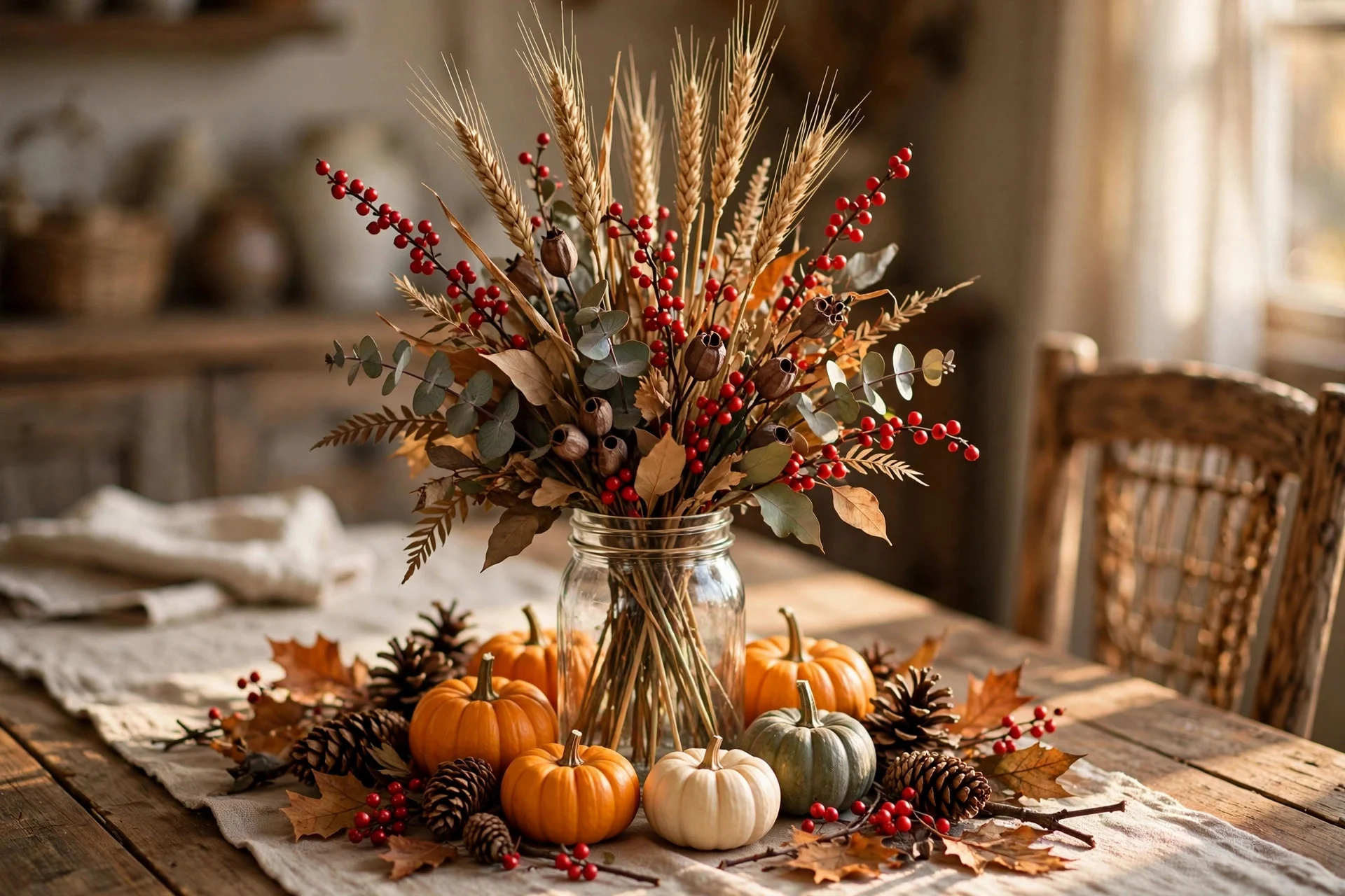 Thanksgiving centerpiece with dried wheat stalks, berries, and mini pumpkins around the base