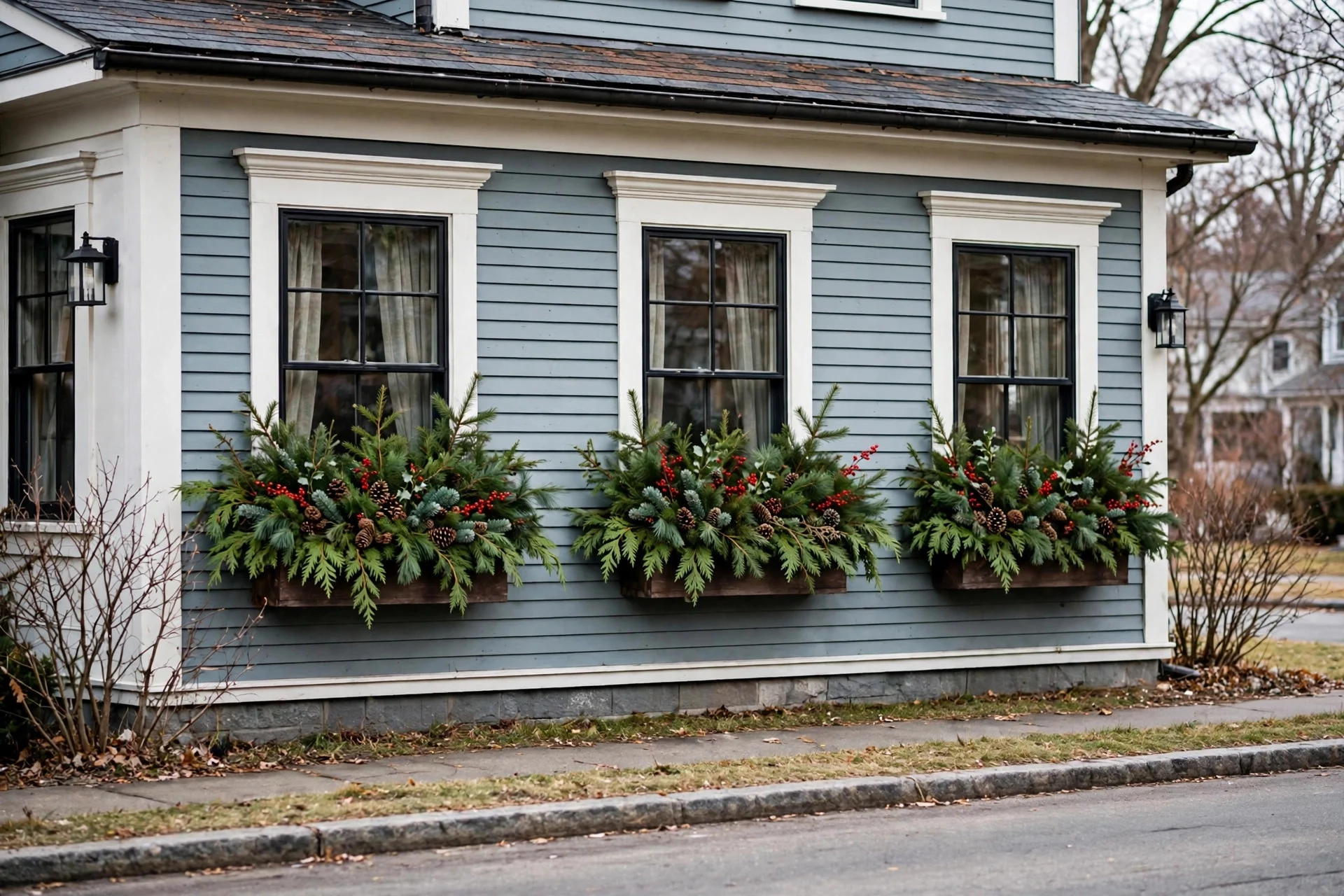 Window boxes filled with winter evergreens, red berries and pinecones on a house front viewed from the street