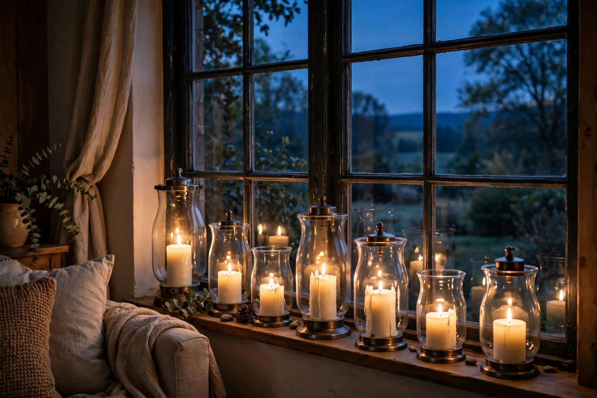 Row of glass hurricane lanterns with candles glowing on a windowsill at dusk