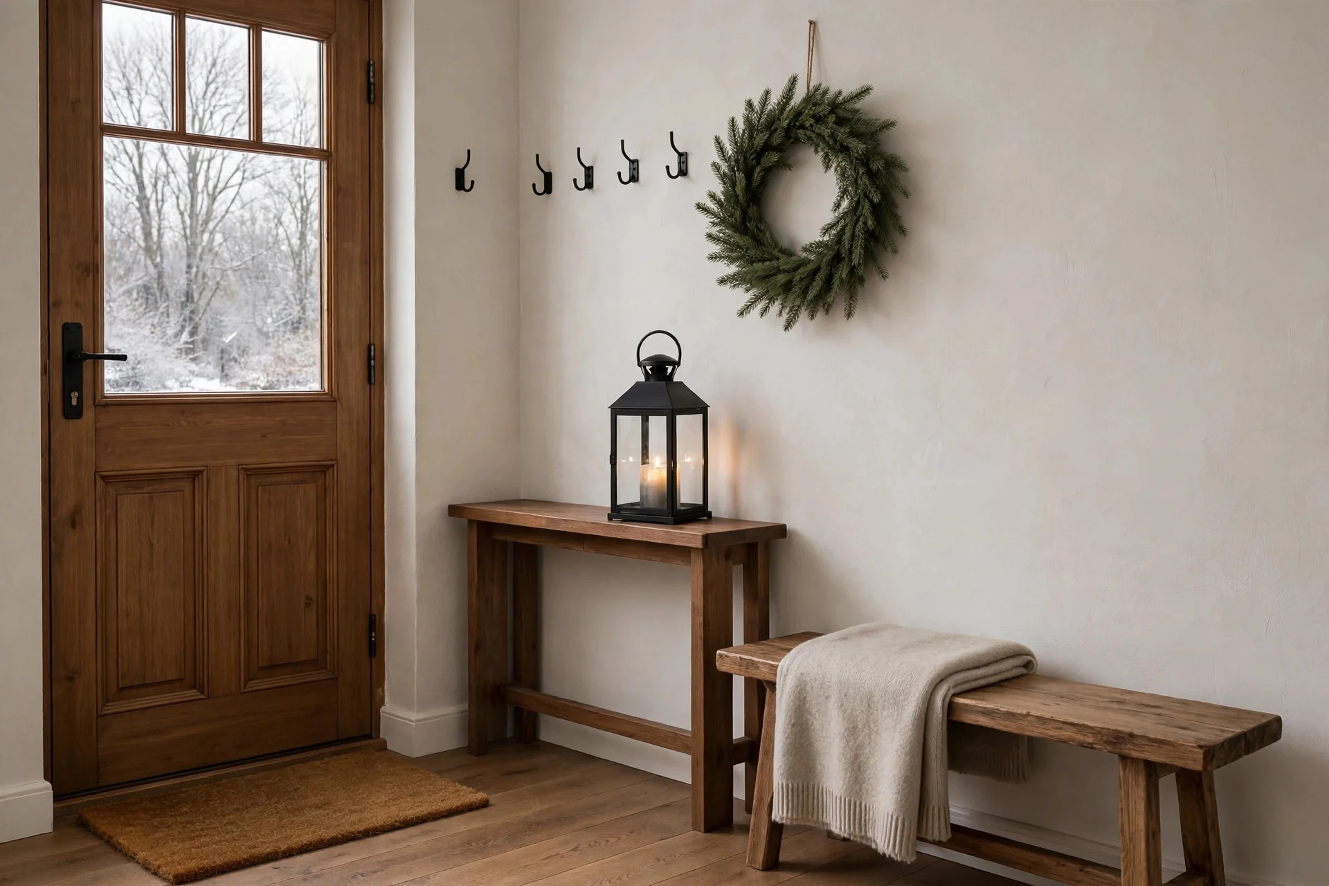 Entryway bench styled for winter with evergreen wreath, lantern and neutral textiles