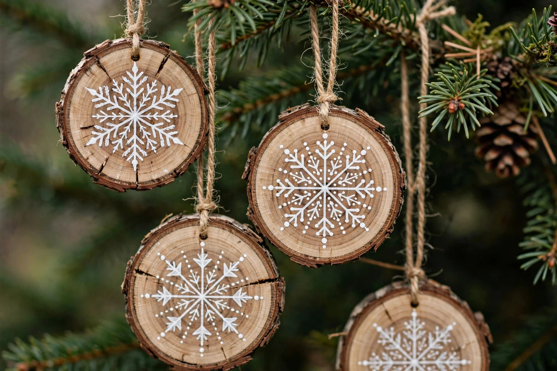 Handmade wood slice Christmas ornaments with painted snowflakes hanging on a tree